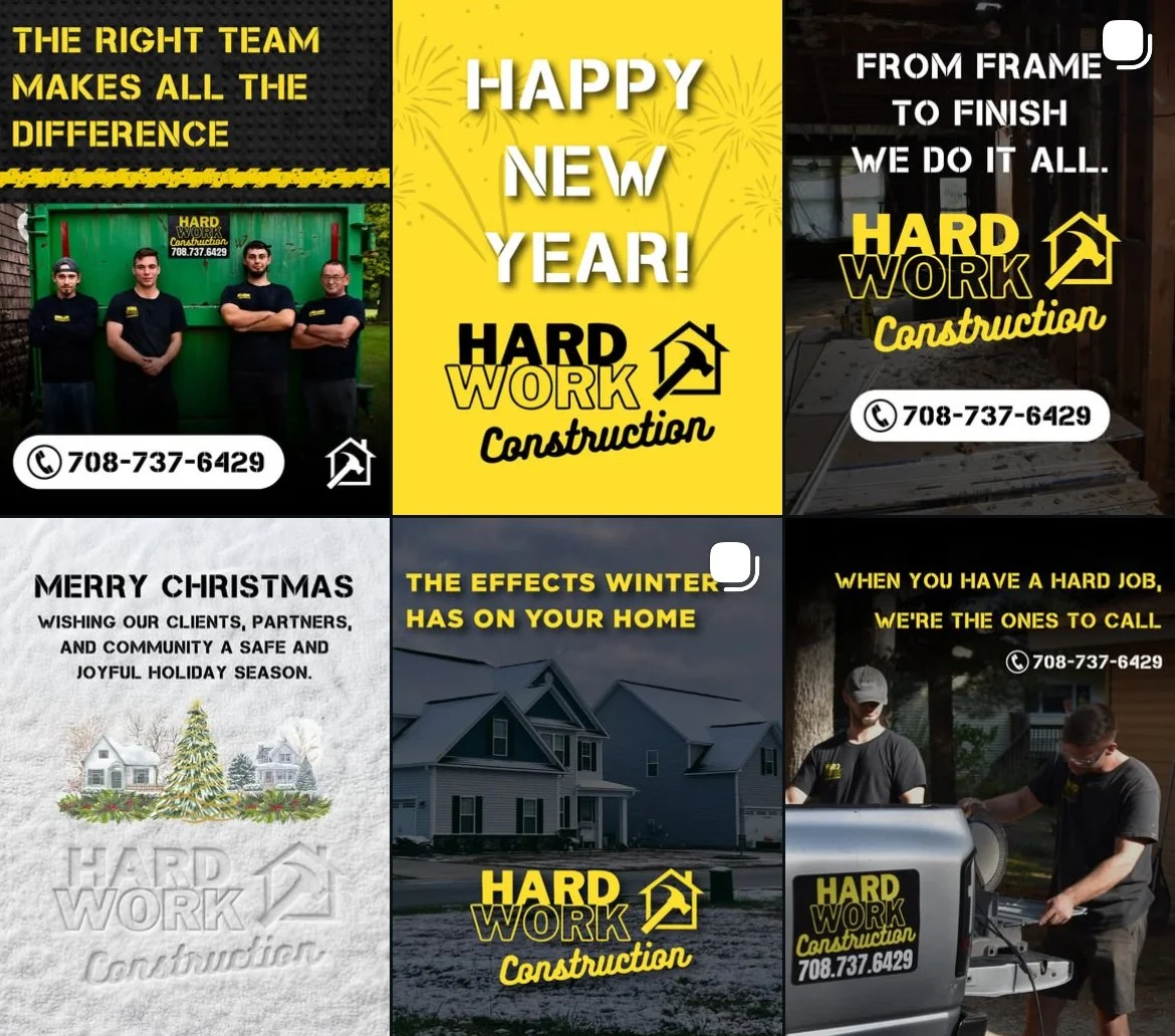 A collage of six images advertising Hard Work Construction, a construction company. The images include photos of workers, construction sites, festive holiday wishes, and contact information, with yellow and black branding and messages about holiday g
