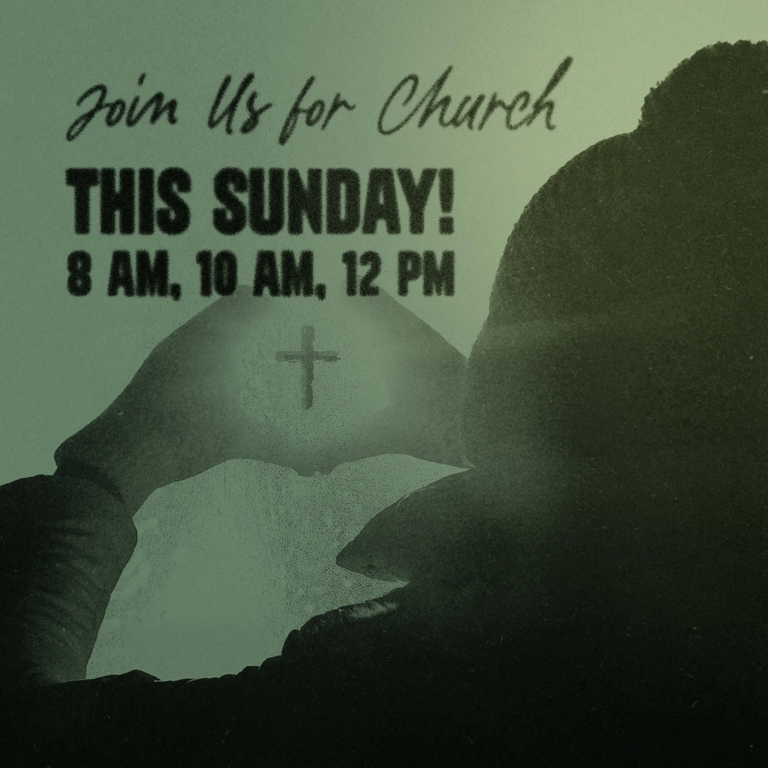 Silhouette of a person wearing a hat with a cross pin, standing in front of a sign that reads 'Join Us for Church This Sunday! 8 AM, 10 AM, 12 PM'.