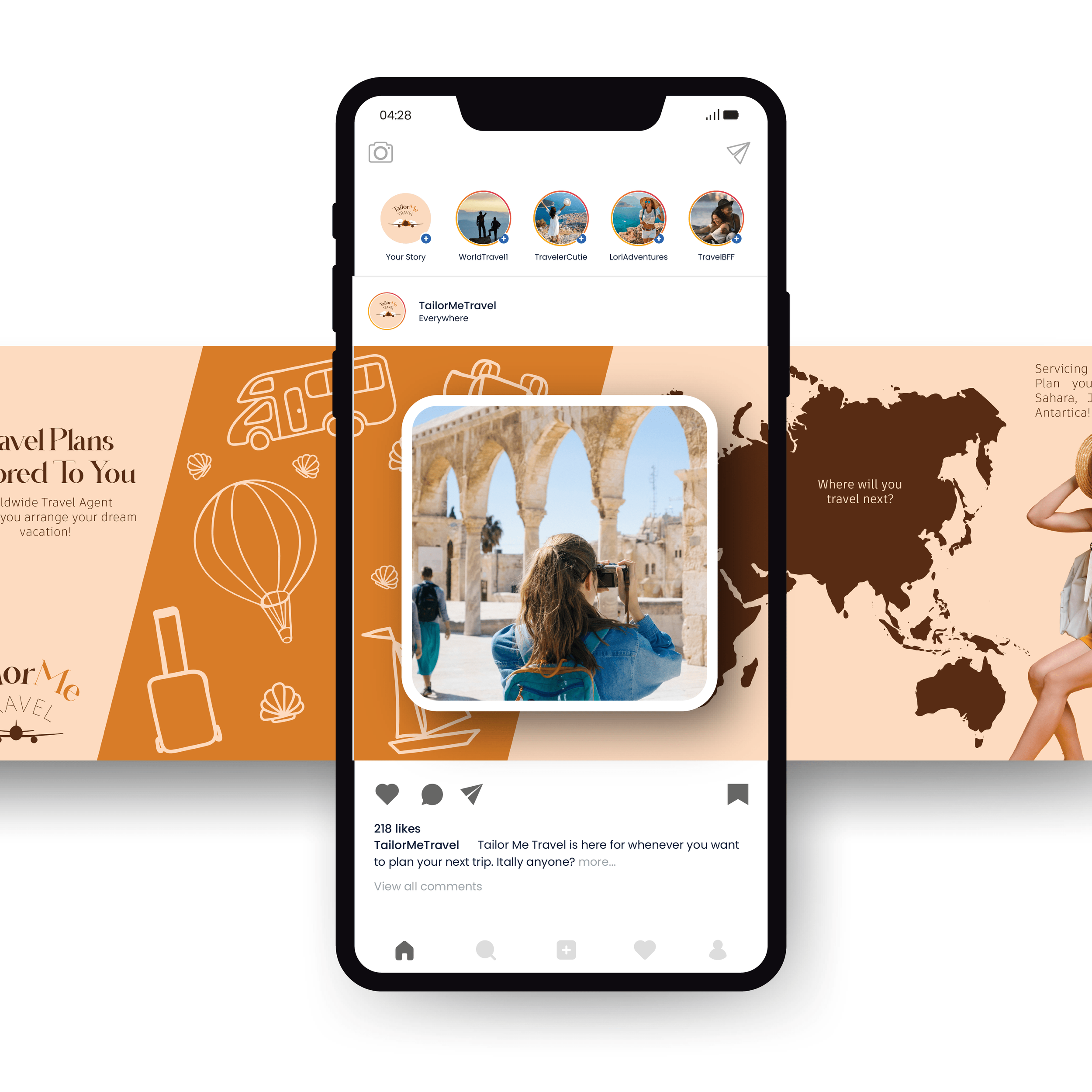 Social media post on a smartphone screen featuring a travel-related photo of a woman taking pictures of historic ruins, with a travel-themed background including icons of an airplane, suitcase, hot air balloon, and a world map.