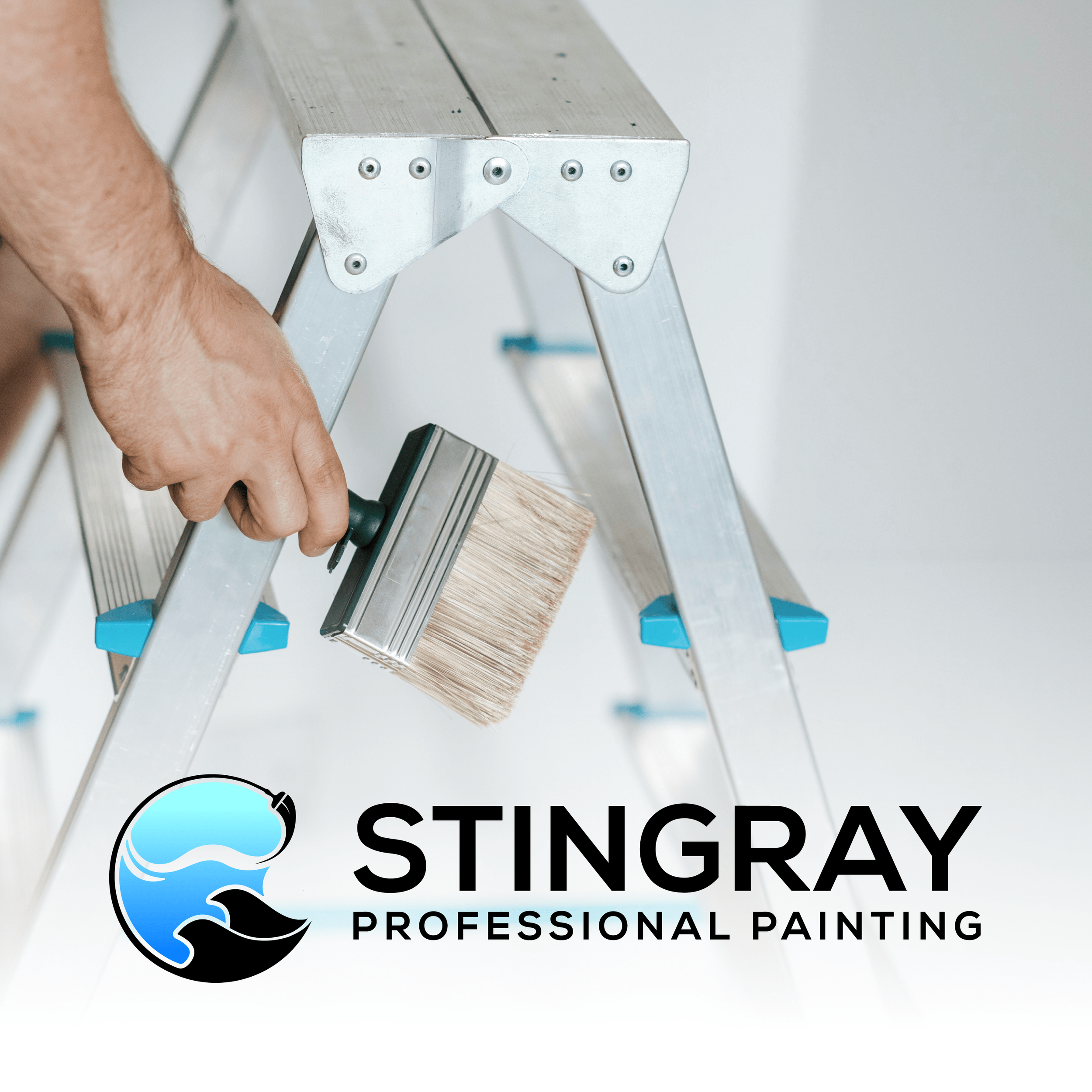 A person holding a paintbrush near a aluminum ladder with a logo and text for "Stingray Professional Painting" at the bottom of the image.