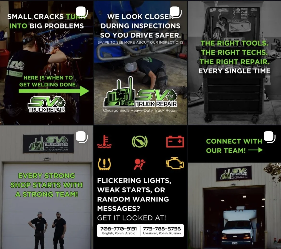 A collage of six images advertising SV Truck Repair, featuring mechanics working on trucks, repair tools, a garage door, and icons representing vehicle warning lights. Text highlights services, team strength, inspection importance, and contact inform