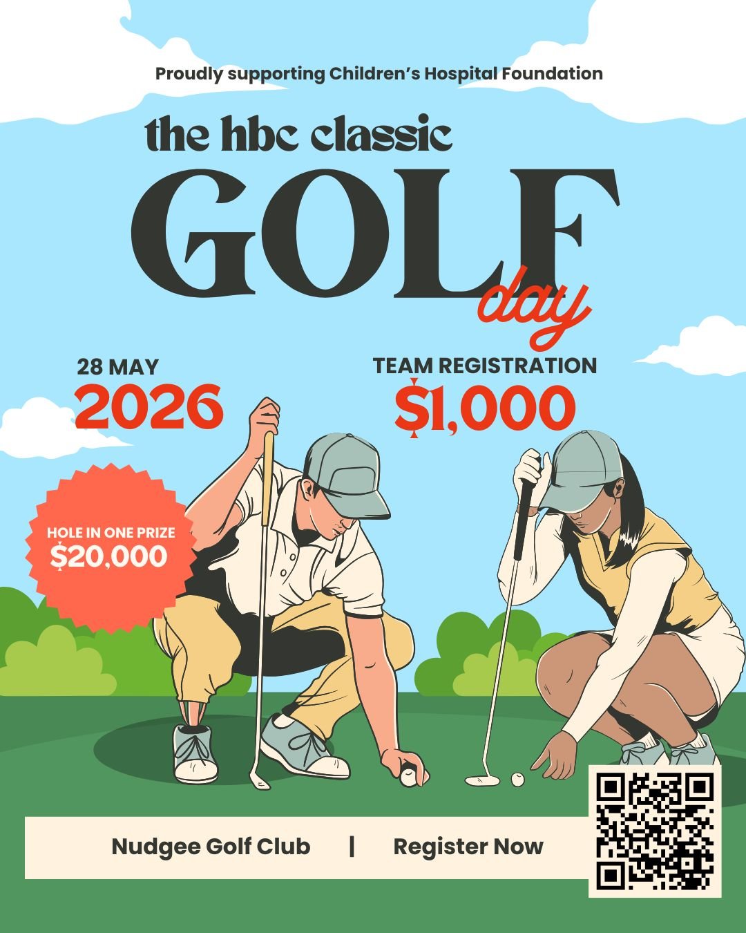Flyer for children's charity golf event on May 28, 2026, featuring two children preparing to putt, with details on team registration fee, prize money, and location at Nudgee Golf Club.