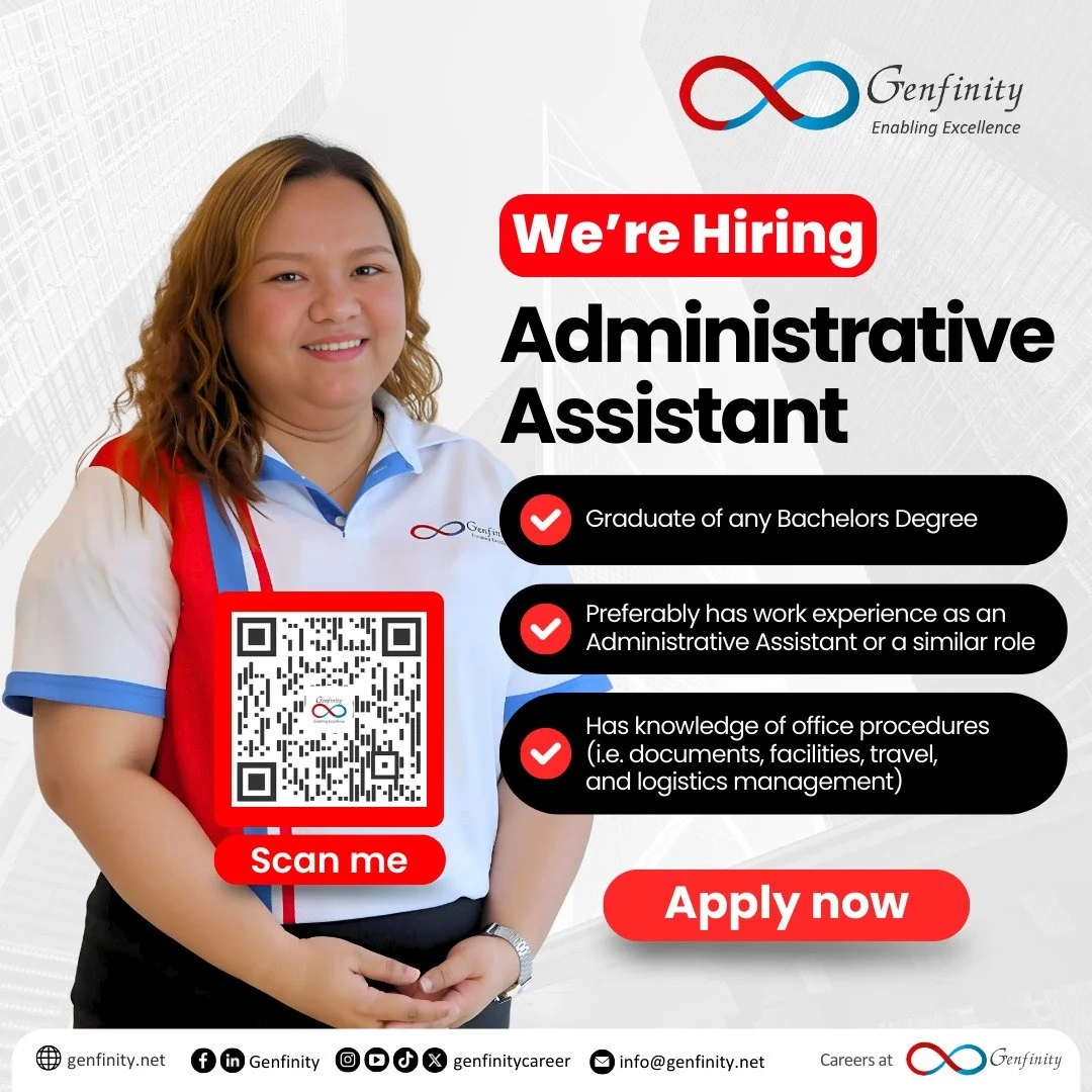 𝗪𝗲'𝗿𝗲 𝗛𝗶𝗿𝗶𝗻𝗴: 𝗔𝗱𝗺𝗶𝗻𝗶𝘀𝘁𝗿𝗮𝘁𝗶𝘃𝗲 𝗔𝘀𝘀𝗶𝘀𝘁𝗮𝗻𝘁

𝗤𝘂𝗮𝗹𝗶𝗳𝗶𝗰𝗮𝘁𝗶𝗼𝗻𝘀:
✅ Graduate of any Bachelors Degree
✅ Preferably has work experience as an Administrative Assistant or a similar role
✅ Has knowledge of office proc