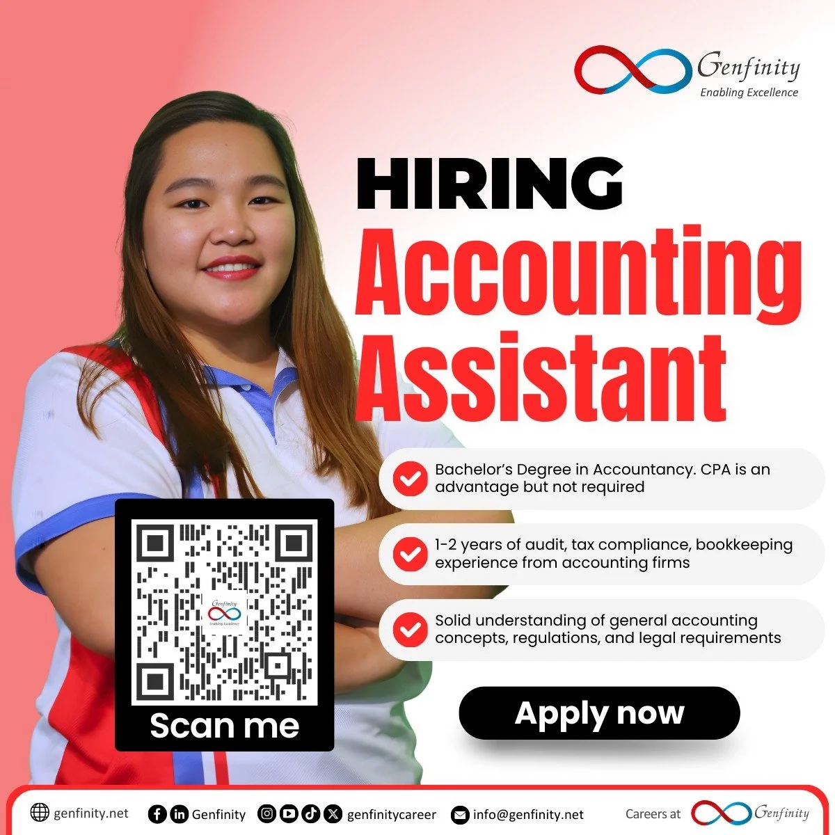 𝗪𝗲'𝗿𝗲 𝗛𝗶𝗿𝗶𝗻𝗴: 𝗔𝗰𝗰𝗼𝘂𝗻𝘁𝗶𝗻𝗴 𝗔𝘀𝘀𝗶𝘀𝘁𝗮𝗻𝘁

𝗤𝘂𝗮𝗹𝗶𝗳𝗶𝗰𝗮𝘁𝗶𝗼𝗻𝘀:
✅Bachelor&rsquo;s Degree in Accountancy; CPA is an advantage but not required.
✅1-2 years of audit, tax compliance, and/or bookkeeping experience from acco