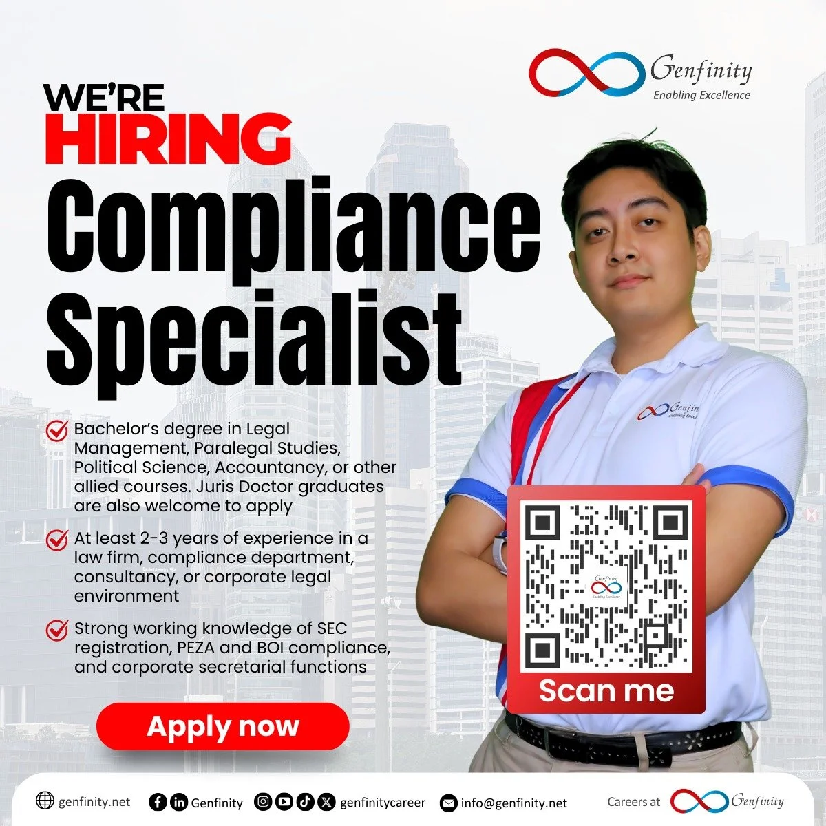 𝗪𝗲'𝗿𝗲 𝗛𝗶𝗿𝗶𝗻𝗴: 𝗖𝗼𝗺𝗽𝗹𝗶𝗮𝗻𝗰𝗲 𝗦𝗽𝗲𝗰𝗶𝗮𝗹𝗶𝘀𝘁 ⚖️

𝗤𝘂𝗮𝗹𝗶𝗳𝗶𝗰𝗮𝘁𝗶𝗼𝗻𝘀:
✅Bachelor&rsquo;s Degree in Legal Management, Paralegal Studies, Political Science, Accountancy, or other allied courses. Juris Doctor graduates are a