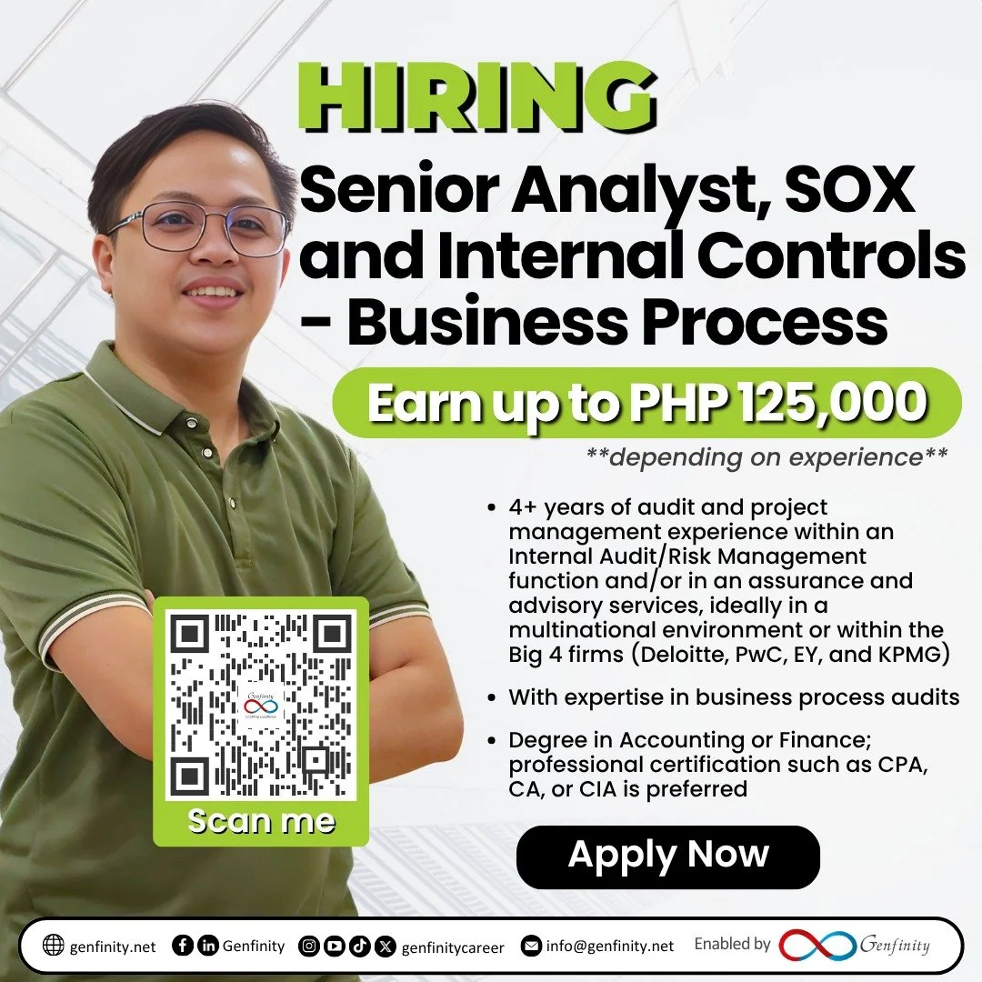 𝗢𝗻𝗲 𝗼𝗳 𝗼𝘂𝗿 𝗖𝗹𝗶𝗲𝗻𝘁𝘀 𝗶𝘀 𝗛𝗶𝗿𝗶𝗻𝗴:

💼𝗦𝗲𝗻𝗶𝗼𝗿 𝗔𝗻𝗮𝗹𝘆𝘀𝘁, 𝗦𝗢𝗫 𝗮𝗻𝗱 𝗜𝗻𝘁𝗲𝗿𝗻𝗮𝗹 𝗖𝗼𝗻𝘁𝗿𝗼𝗹𝘀 - 𝗕𝘂𝘀𝗶𝗻𝗲𝘀𝘀 𝗣𝗿𝗼𝗰𝗲𝘀𝘀
💰𝗘𝗮𝗿𝗻 𝘂𝗽 𝘁𝗼 𝗣𝗛𝗣 𝟭𝟮𝟱,𝟬𝟬𝟬 (𝙙𝙚𝙥𝙚𝙣𝙙𝙞𝙣𝙜 𝙤𝙣 𝙚𝙭𝙥𝙚𝙧𝙞𝙚𝙣