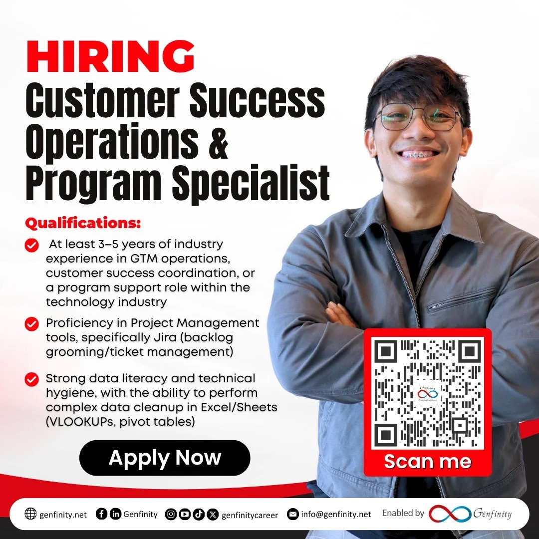 𝗢𝗻𝗲 𝗼𝗳 𝗼𝘂𝗿 𝗖𝗹𝗶𝗲𝗻𝘁𝘀 𝗶𝘀 𝗛𝗶𝗿𝗶𝗻𝗴:

💼𝗖𝘂𝘀𝘁𝗼𝗺𝗲𝗿 𝗦𝘂𝗰𝗰𝗲𝘀𝘀 𝗢𝗽𝗲𝗿𝗮𝘁𝗶𝗼𝗻𝘀 &amp; 𝗣𝗿𝗼𝗴𝗿𝗮𝗺 𝗦𝗽𝗲𝗰𝗶𝗮𝗹𝗶𝘀𝘁

✅ At least 3&ndash;5 years of industry experience in GTM operations, customer success coordination