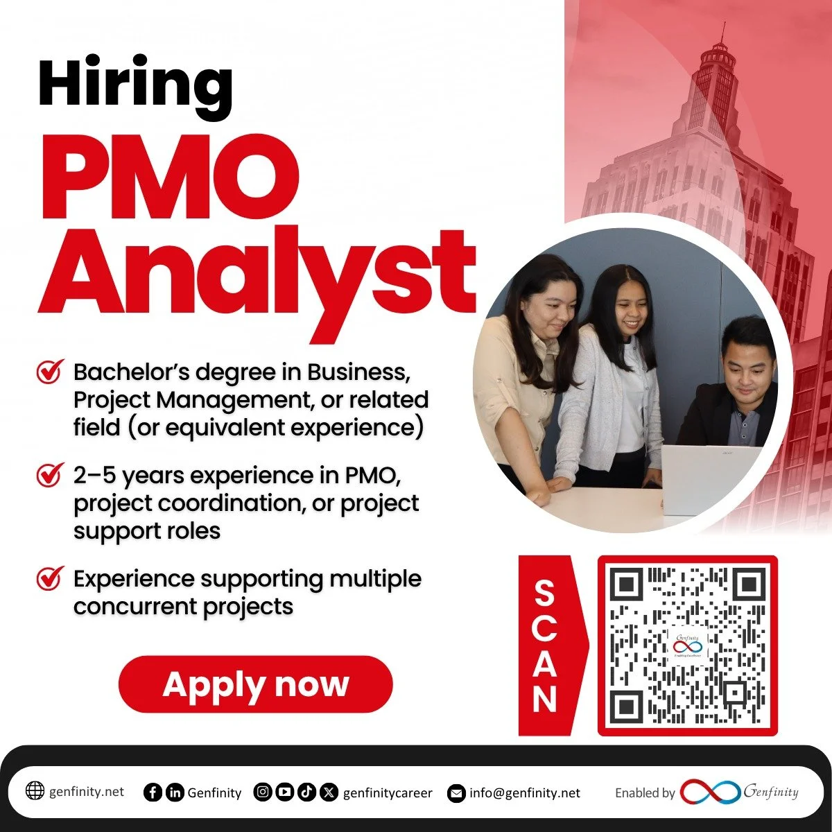 𝗢𝗻𝗲 𝗼𝗳 𝗼𝘂𝗿 𝗖𝗹𝗶𝗲𝗻𝘁𝘀 𝗶𝘀 𝗛𝗶𝗿𝗶𝗻𝗴:

💼 𝗣𝗠𝗢 𝗔𝗻𝗮𝗹𝘆𝘀𝘁

𝗤𝘂𝗮𝗹𝗶𝗳𝗶𝗰𝗮𝘁𝗶𝗼𝗻𝘀:
✅ Bachelor&rsquo;s degree in Business, Project Management, or related field (or equivalent experience)
✅ 2&ndash;5 years experience in PMO, 