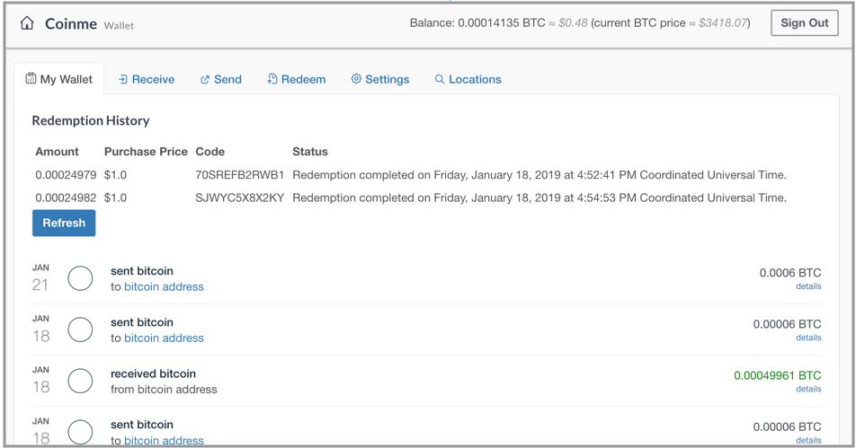 Coinme's wallet homepage - desktop