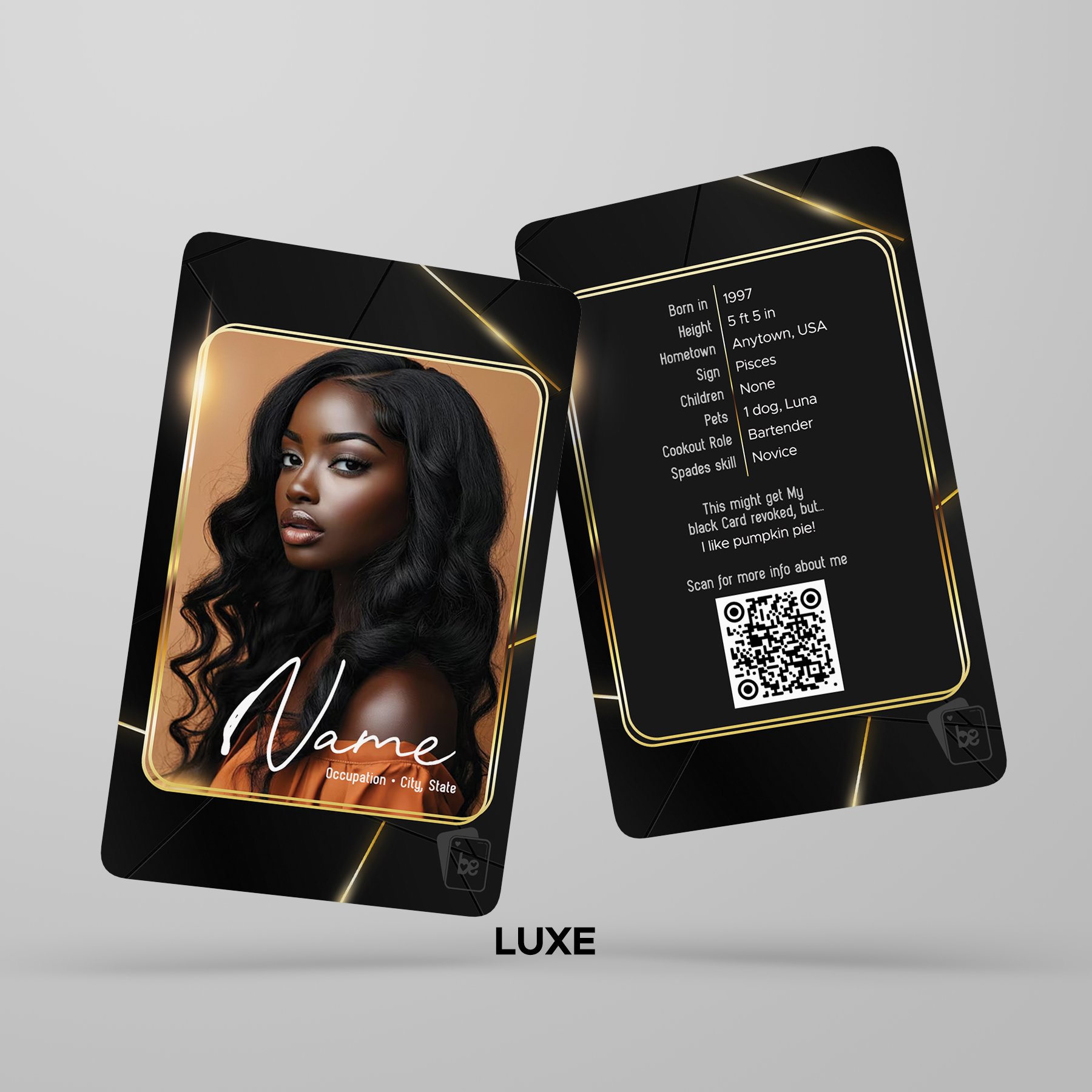 trading card example with black and gold luxe design