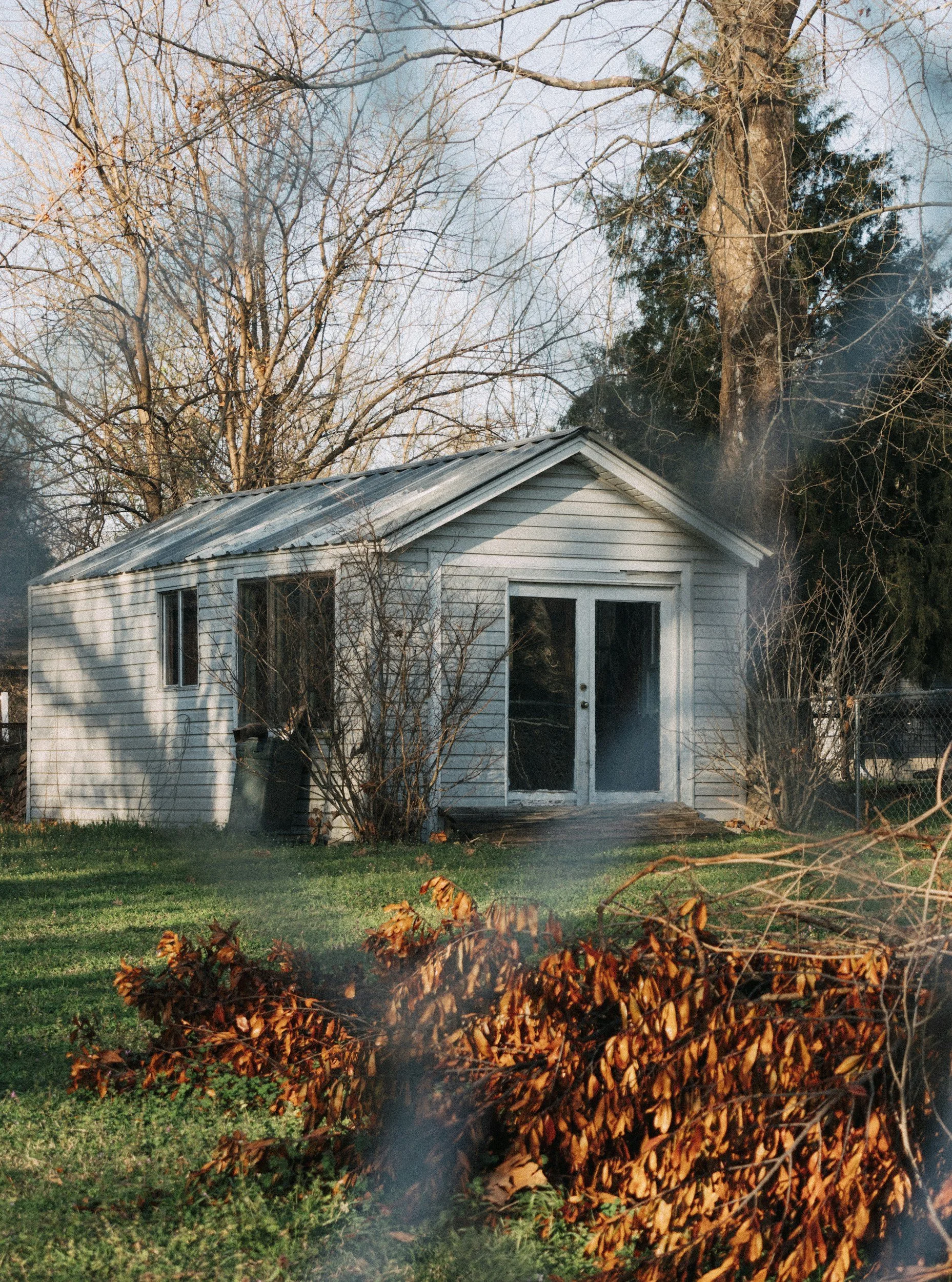 Backyard scene with a small white house, leafless trees, and burnt orange autumn leaves on the ground.