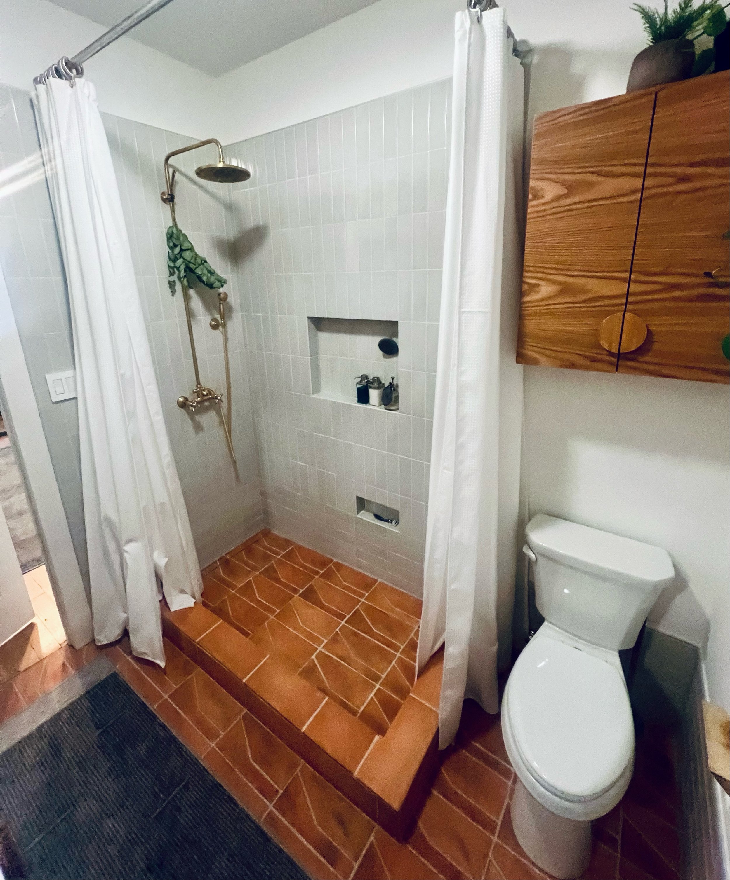 Bathroom with a small walk-in shower area with white tiled walls, a brass showerhead and fixtures, and a built-in shelf with toiletries. There is a white porcelain toilet and a wooden cabinet mounted on the wall above it. The shower is raised on a ti