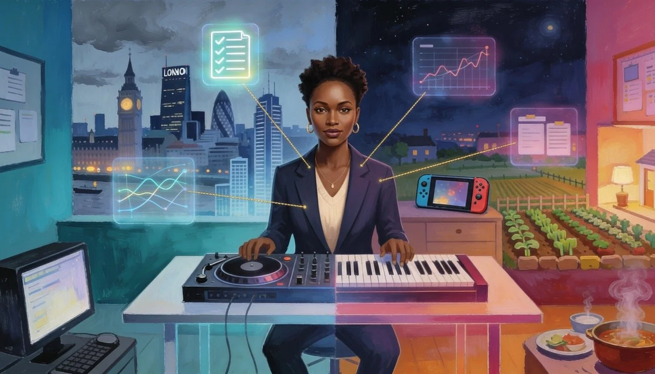 Digital illustration of a woman DJ in a home studio with city skyline, mountains, and fields in background. She is seated at a table with DJ equipment, a laptop, and a mobile gaming device. Colorful holographic data charts and documents surround her.