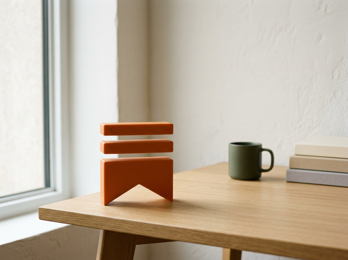 A wooden table near a window with a stack of modern orange geometric sculptures, a green mug, and a stack of three closed books.