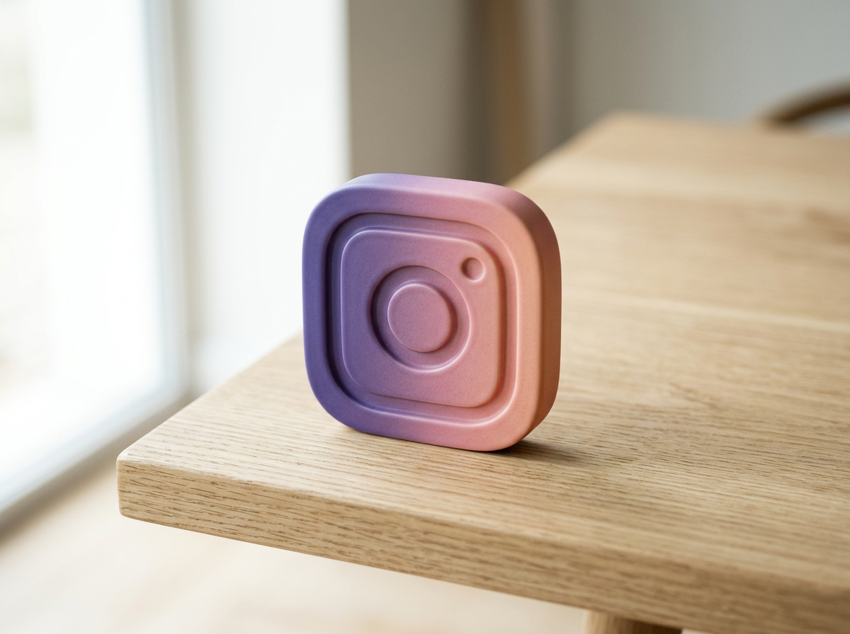 A pink and purple Instagram logo-shaped speaker placed on a light wooden table near a window.