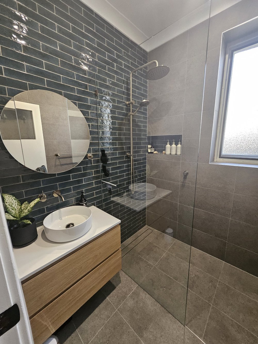 Walk-in shower renovation with marble-look tiling, Perth