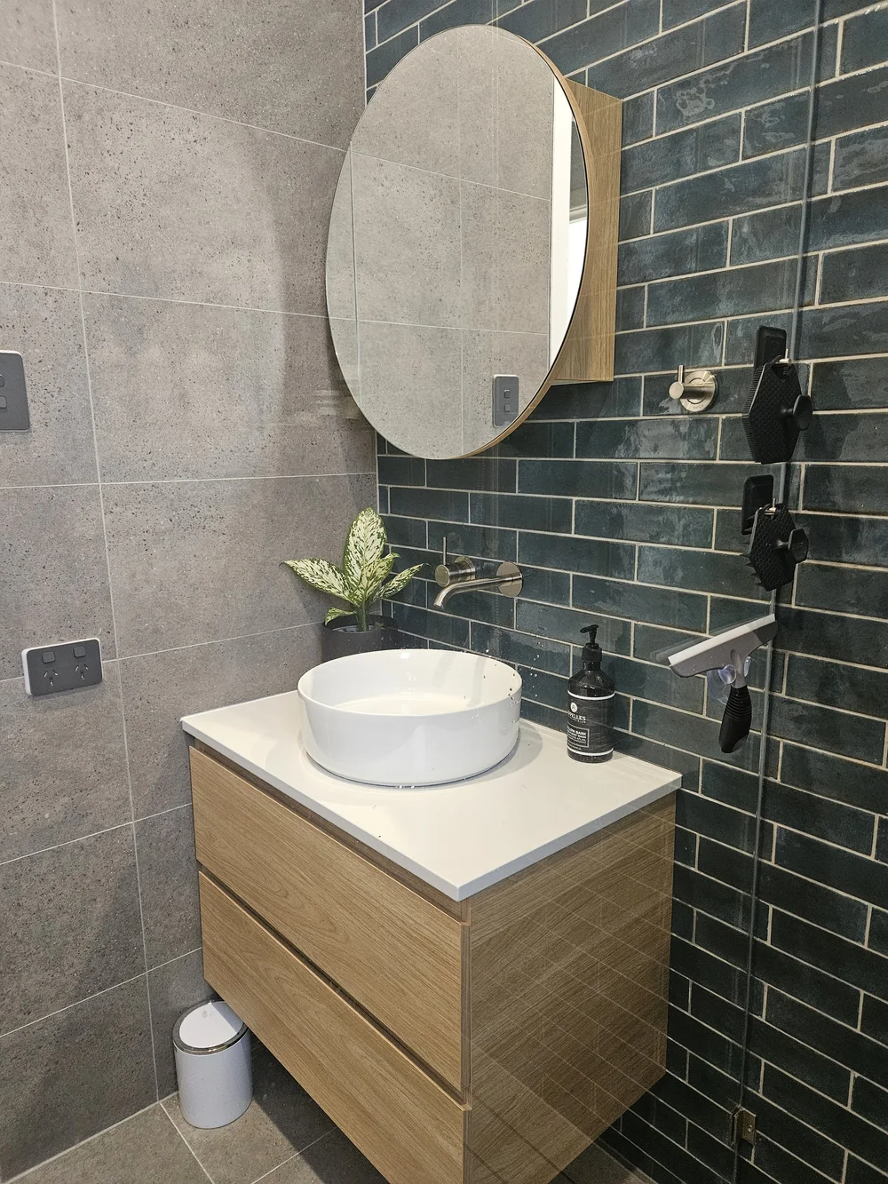 Bathroom renovation with freestanding bath and feature tiling, Perth
