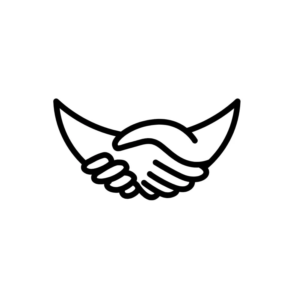 Line drawing of two hands shaking, symbolizing agreement or partnership.