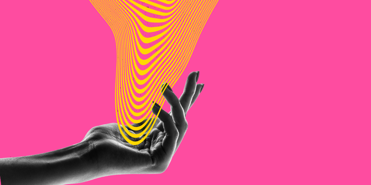 Black and white photo of a person's hand with fingers slightly extended against a bright pink background. Yellow and purple wavy lines emerge from the hand, creating an abstract, psychedelic pattern.