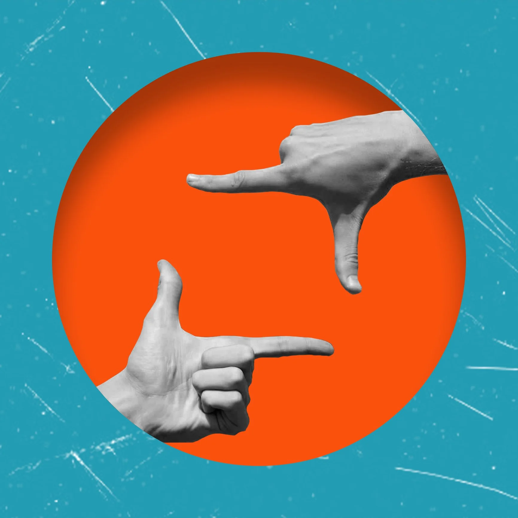 A black and white photograph of a hand with fingers making a framing gesture. The hand is placed in front of an orange circle, set against a blue background with white streaks.