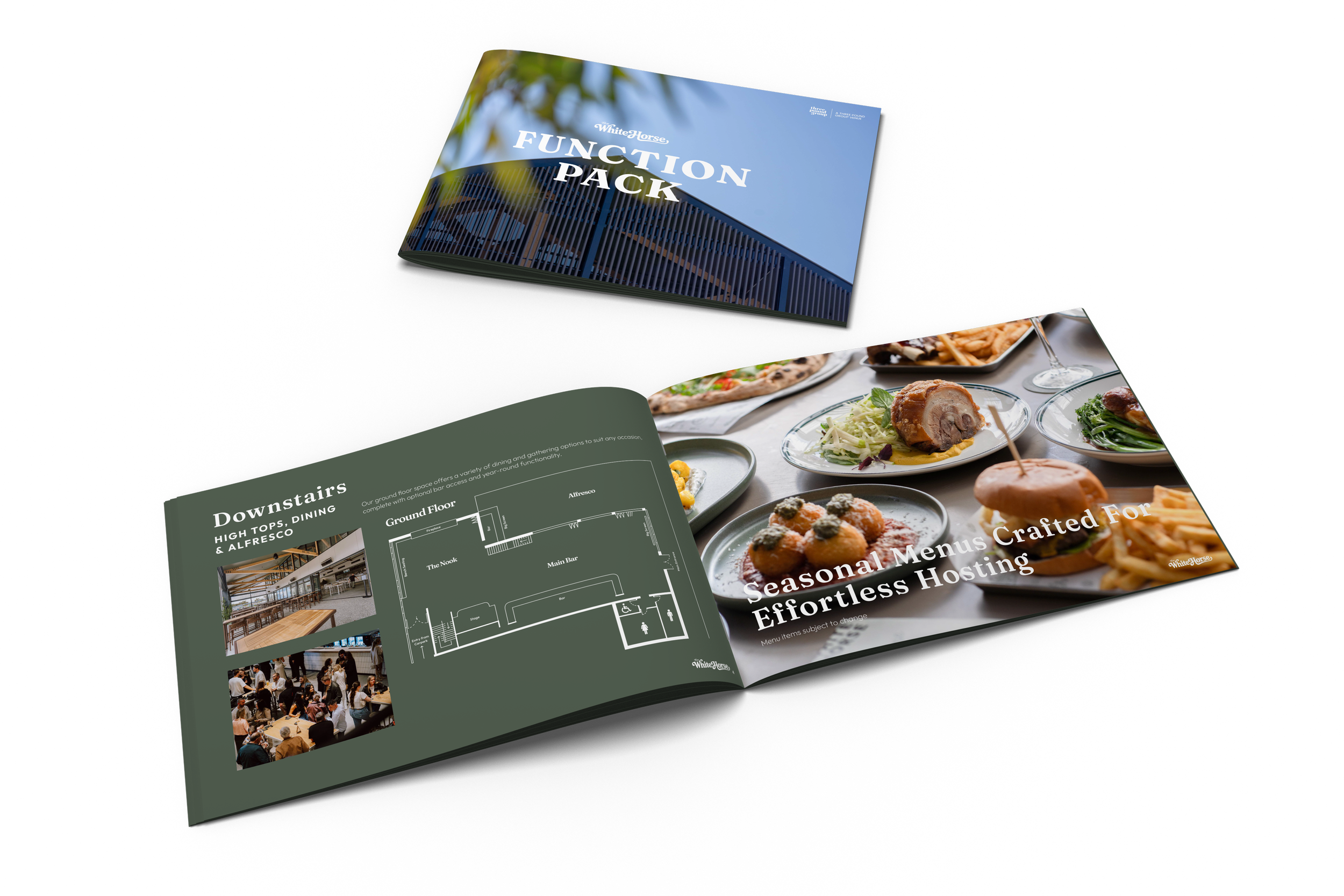 Open brochure featuring images of food dishes, a floor plan, and interior design, with the cover displaying the title 'White Horse Function Pack' against a blue sky and building background.