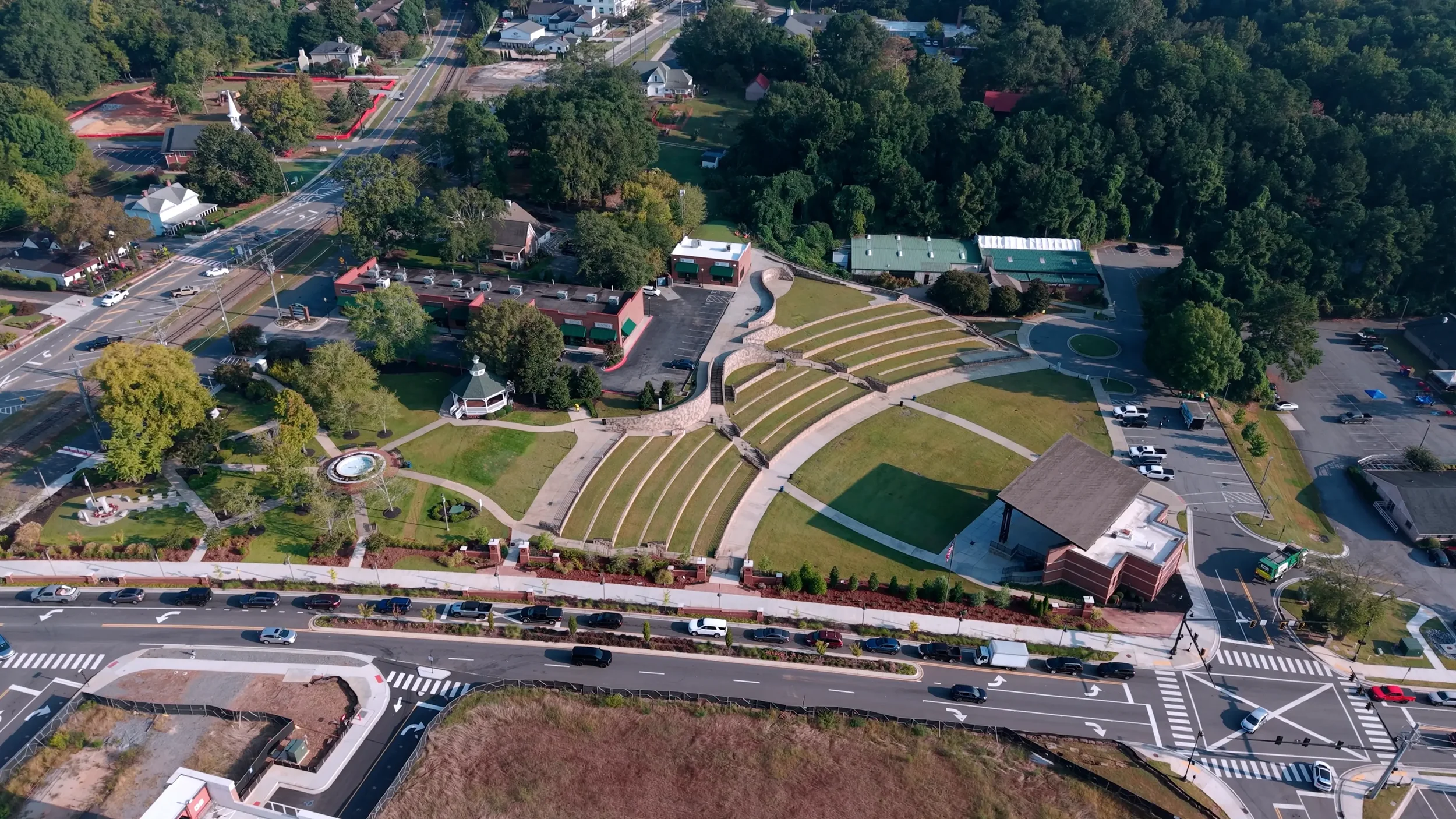 Aerial view of commercial lawn care and landscape design in Woodstock, GA