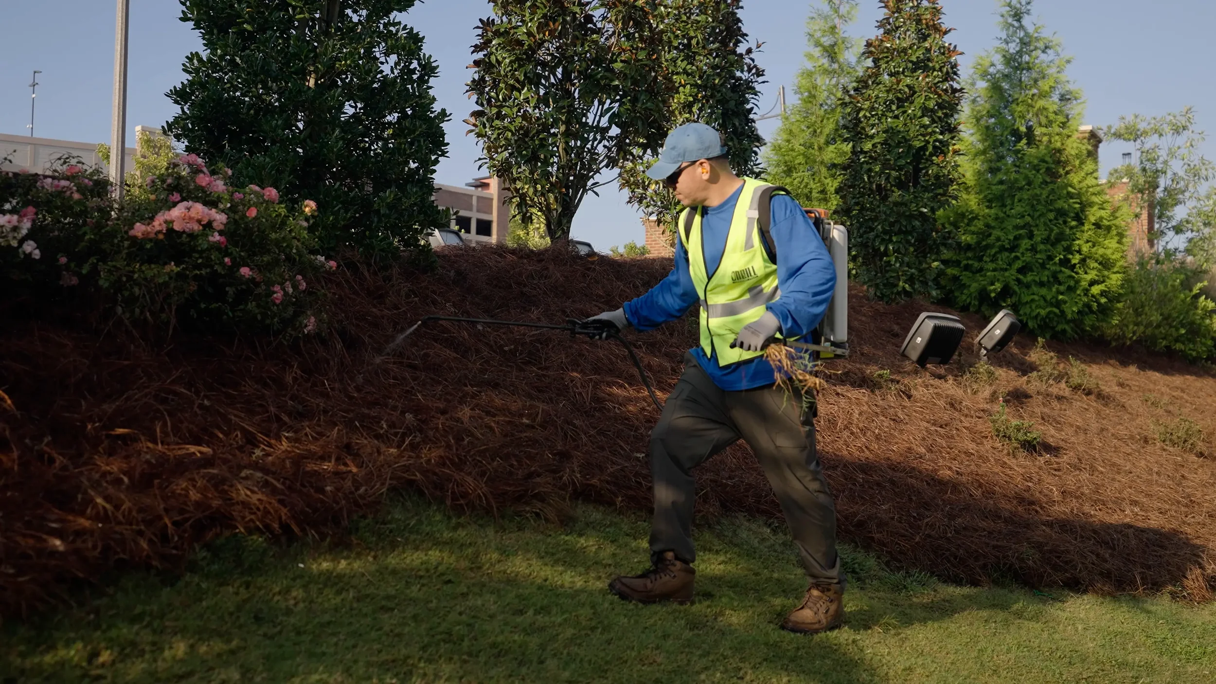 Grounds maintenance and mulch installation in a Downtown Woodstock, GA park