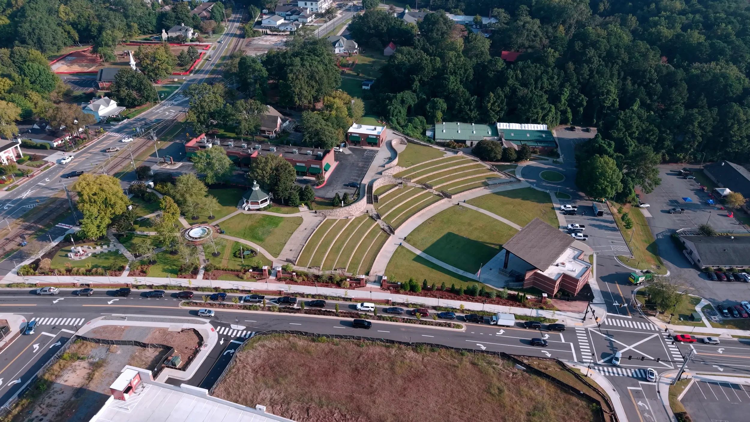 Aerial view of Downtown Woodstock, GA showcasing community-focused landscape design