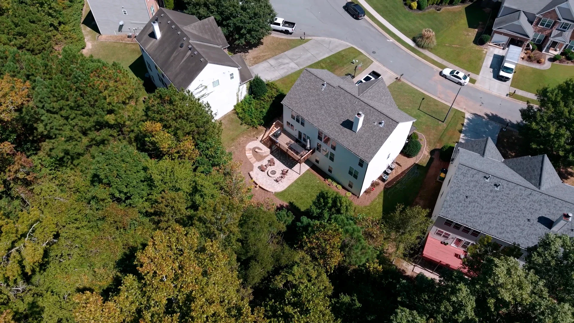 Aerial view of backyard patio and lawn layout at the Corrigan Residence in Atlanta, GA