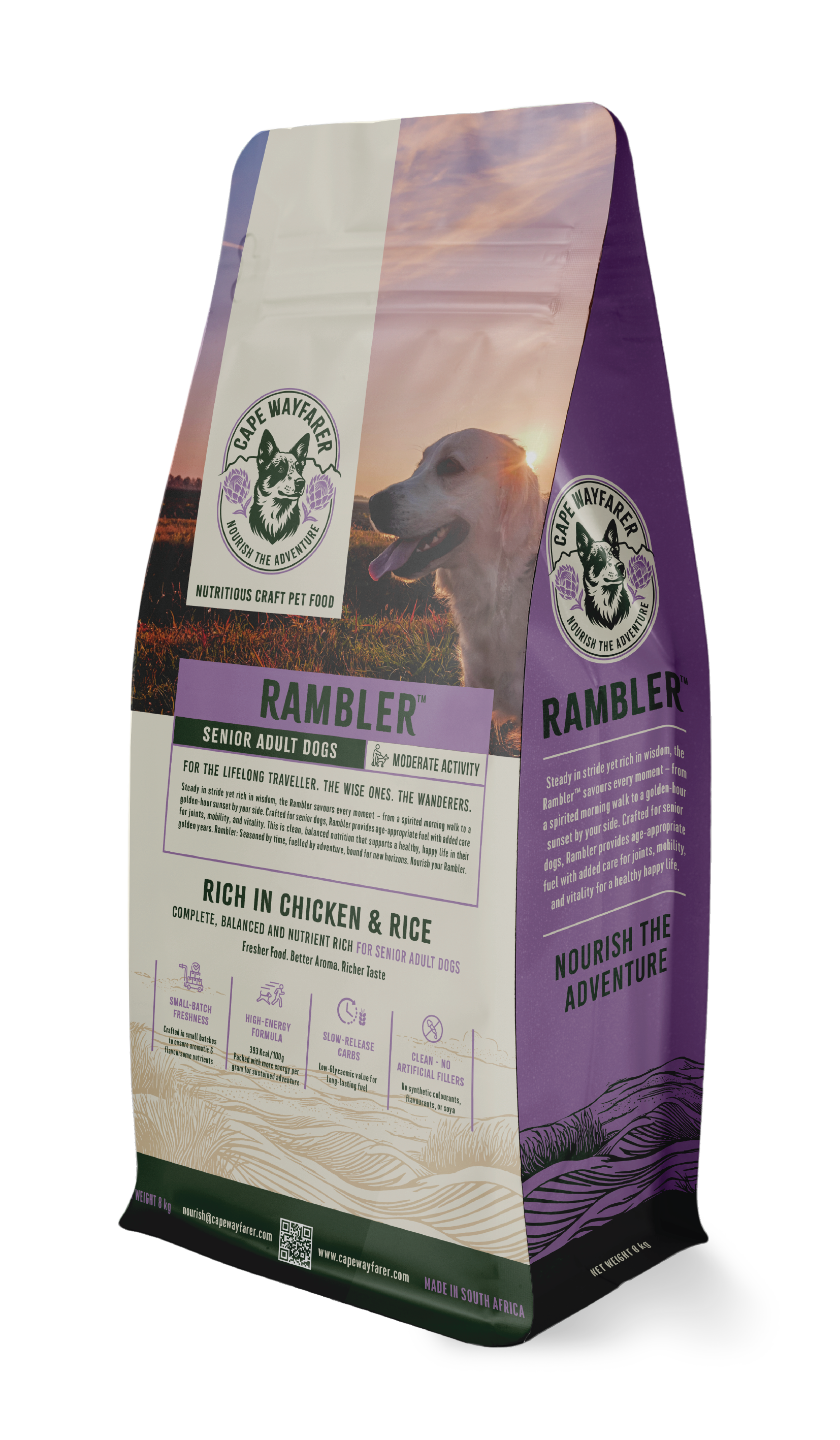 Dried dog food bag with a picture of a dog against a sunset background and purple landscape design, labeled 'Rambler' for senior adult dogs.