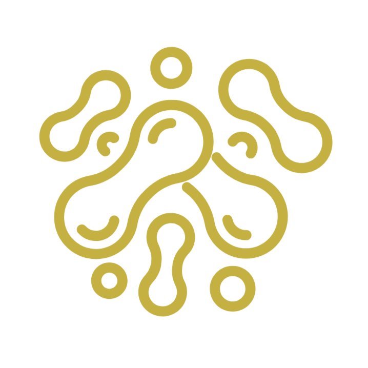 Stylized illustration of bacteria or virus, depicted as interconnected, abstract, curved lines and circles, in gold color on black background.