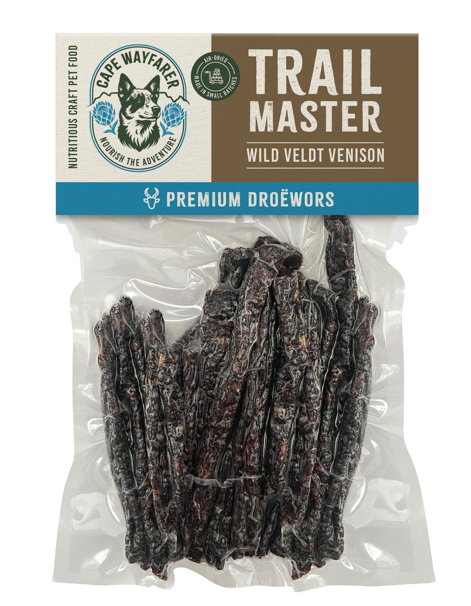 Package of Cape Wawayer Trail Master wild veldt venison dried pet treats.