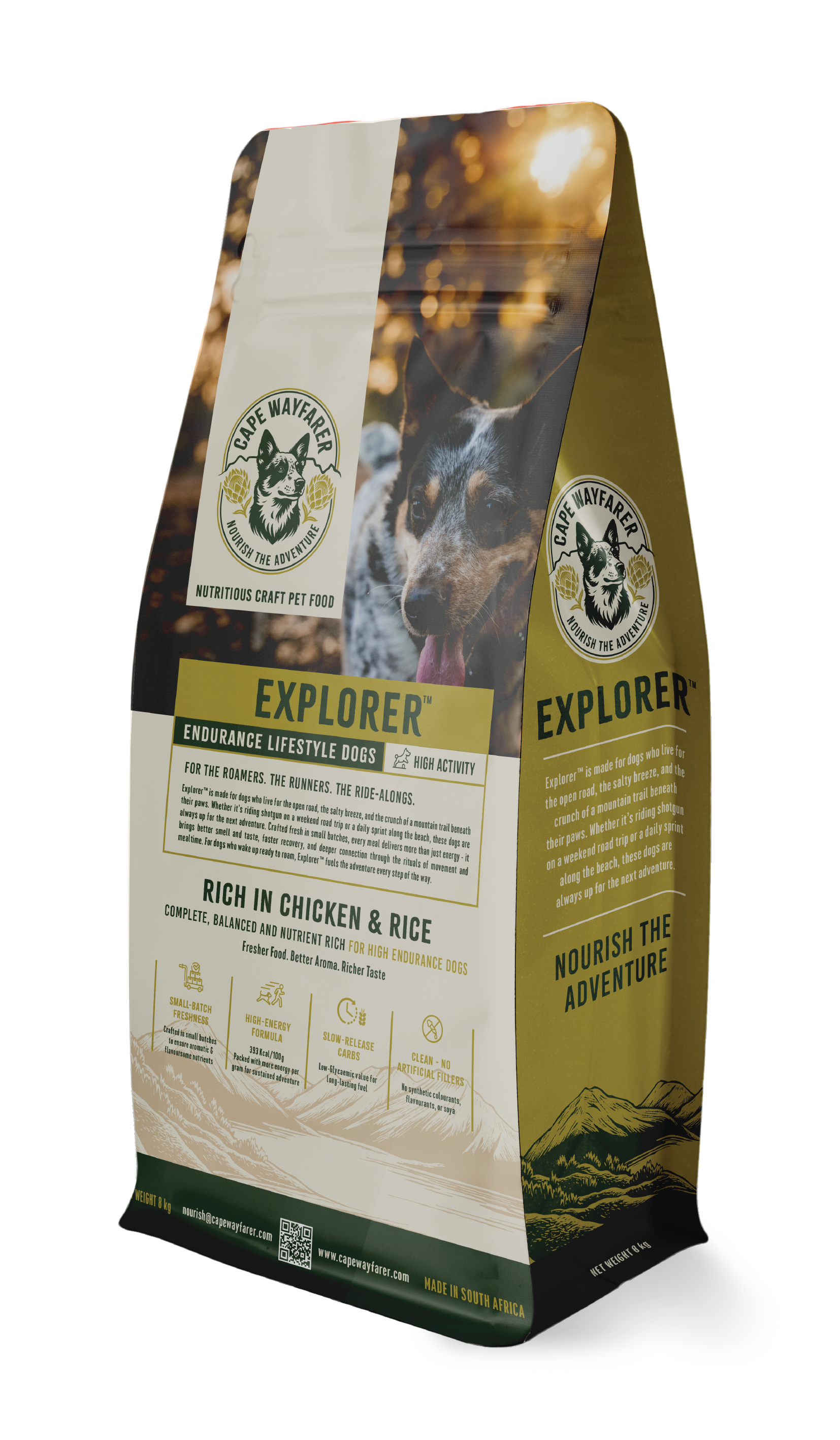 Bag of Cape Wayfarer Explorer dog food with a picture of a dog on the front and scenic landscape graphics.