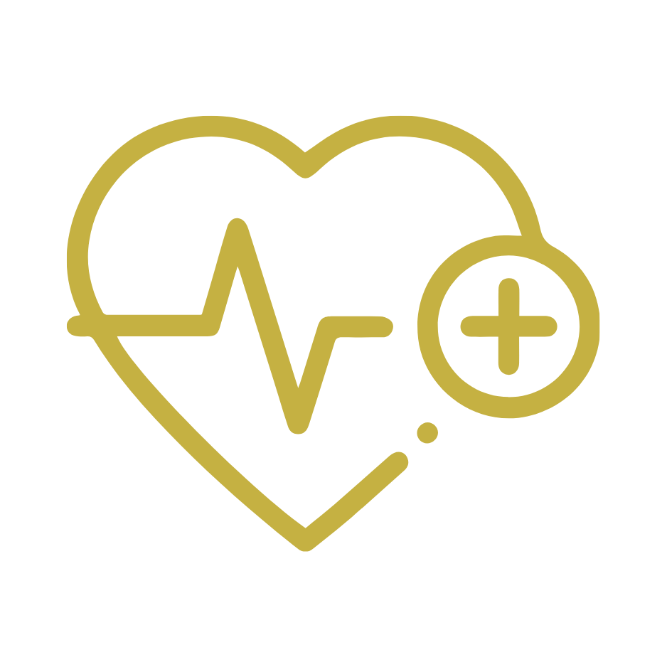 Gold icon of a heart with an electrocardiogram line and a plus sign, representing health and medical care.
