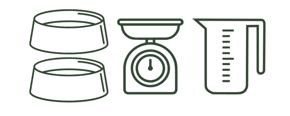 Line drawing of a digital kitchen scale, two pet food bowls, and a measuring cup.