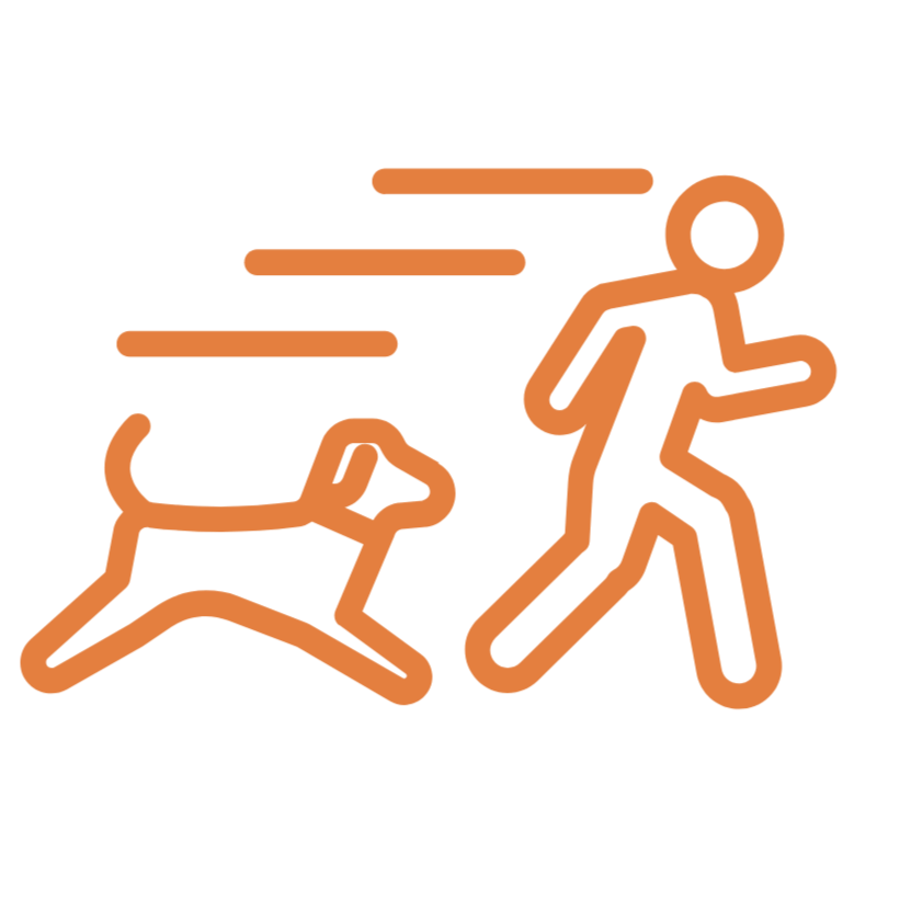 Neon sign of a person running with a dog, with lines indicating movement.