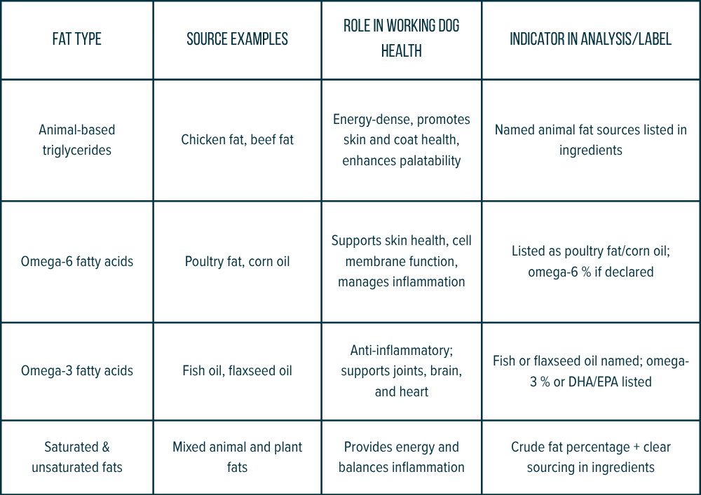 A chart comparing different types of fats in dog food, including sources, roles in health, and labels. It covers animal-based triglycerides, omega-6 fatty acids, omega-3 fatty acids, and saturated & unsaturated fats.