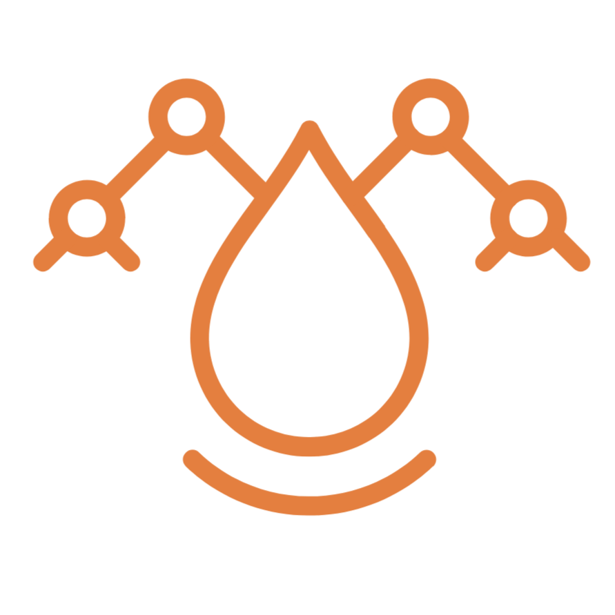 Line art illustration of a stylized droplet or seed with connected nodes on either side, representing growth or network.
