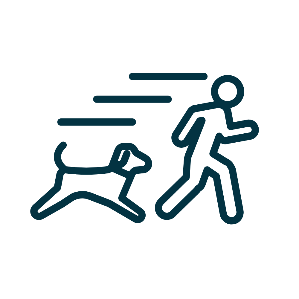 Line drawing of a person running after a dog