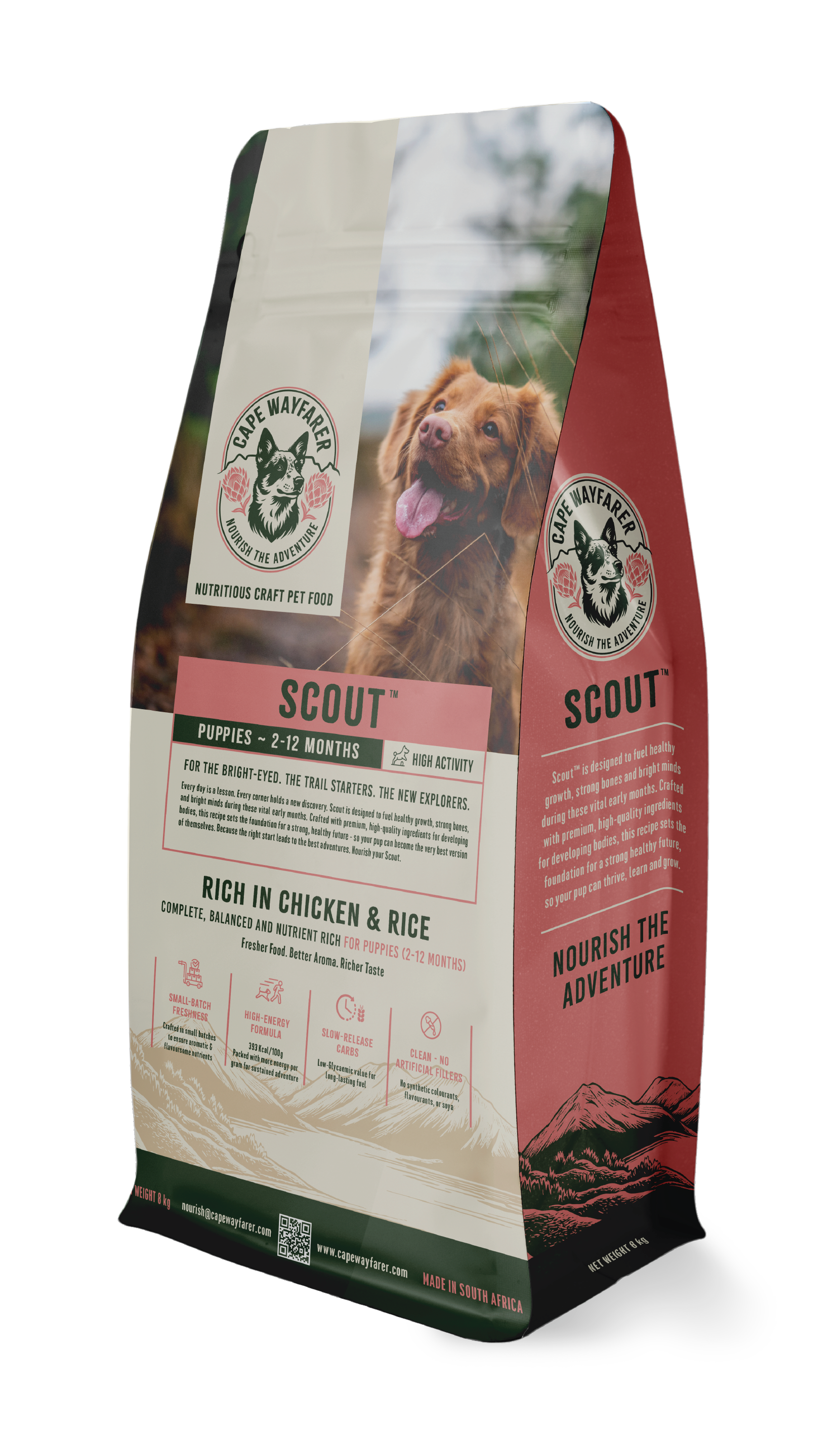 Bag of Cape Wayfarer Scout dog food featuring a photo of a happy, brown puppy and mountain landscape illustration.