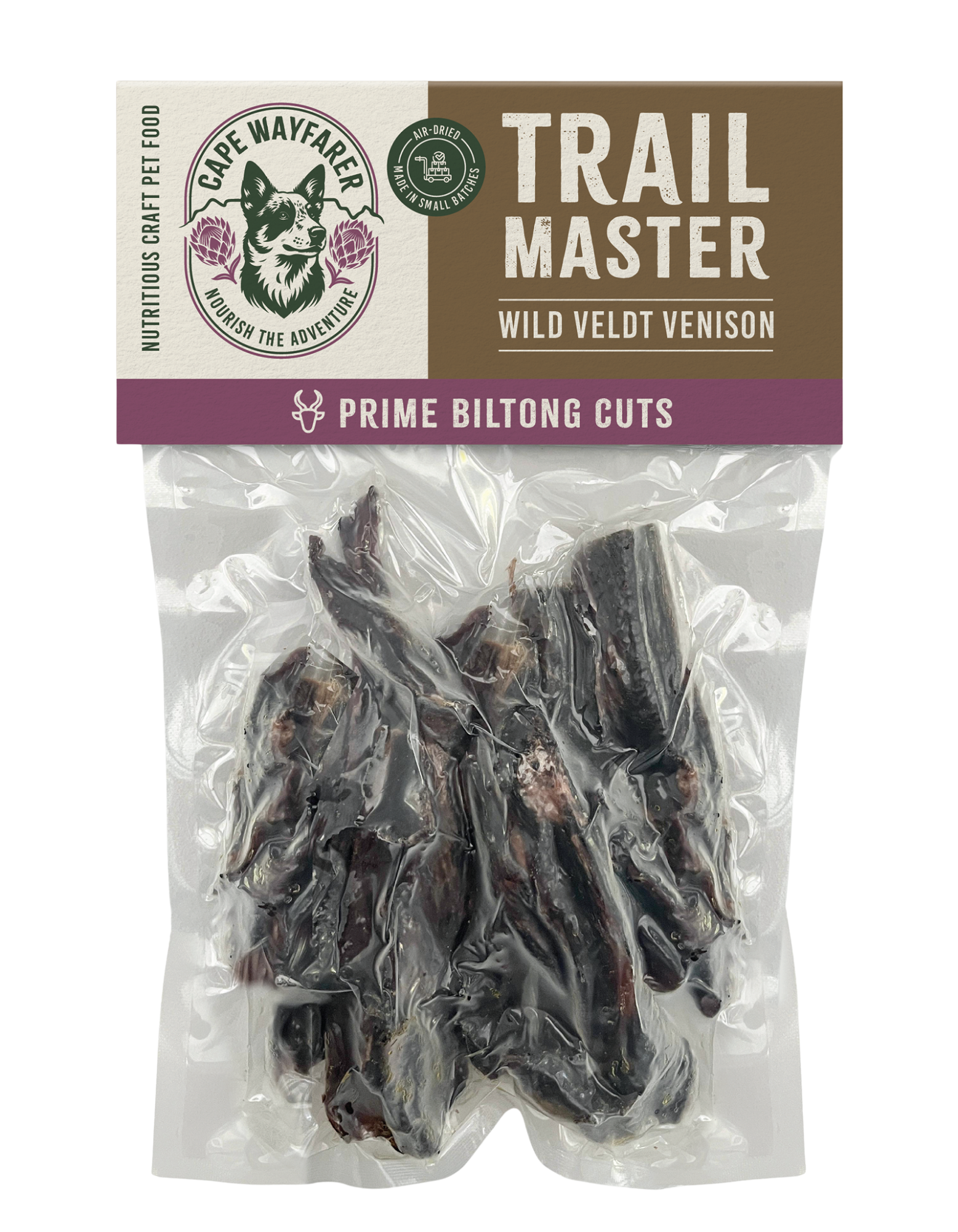 Package of Cape Wayfarer Trail Master Wild Veldt Venison Prime Biltong Cuts, air-dried dog treats in a clear plastic bag with a label at the top.