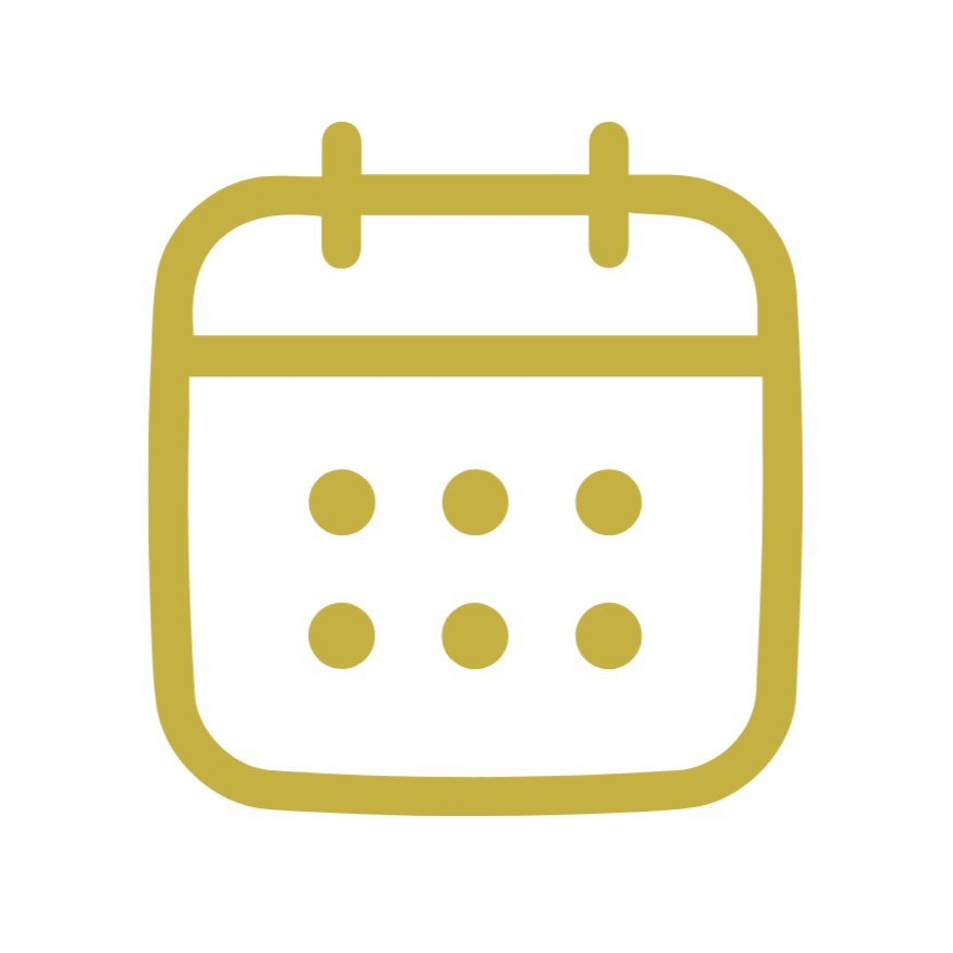 Gold calendar icon with six dots inside a square outline.