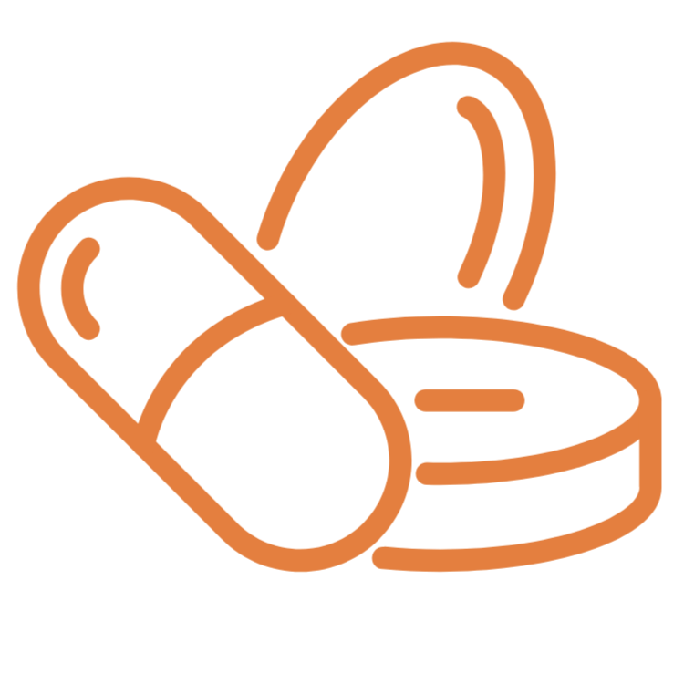 Outline of capsules and pills representing medication or supplements.