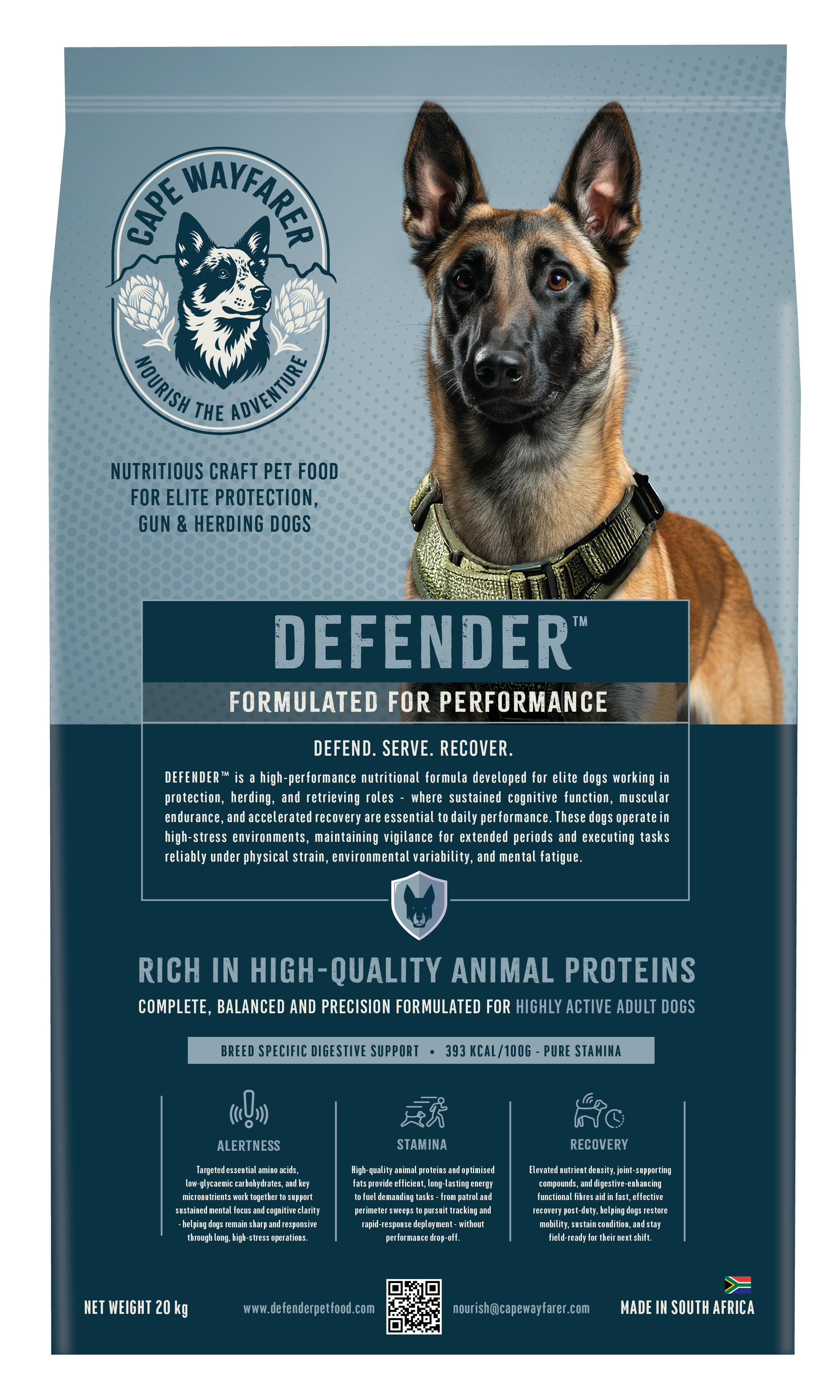 Pet food bag featuring a German Shepherd dog wearing a collar, with text and logo for Cape Wayfarer Defender dog food, highlighting high-performance nutrition for working and active dogs, with information on ingredients, benefits, and company contact details.