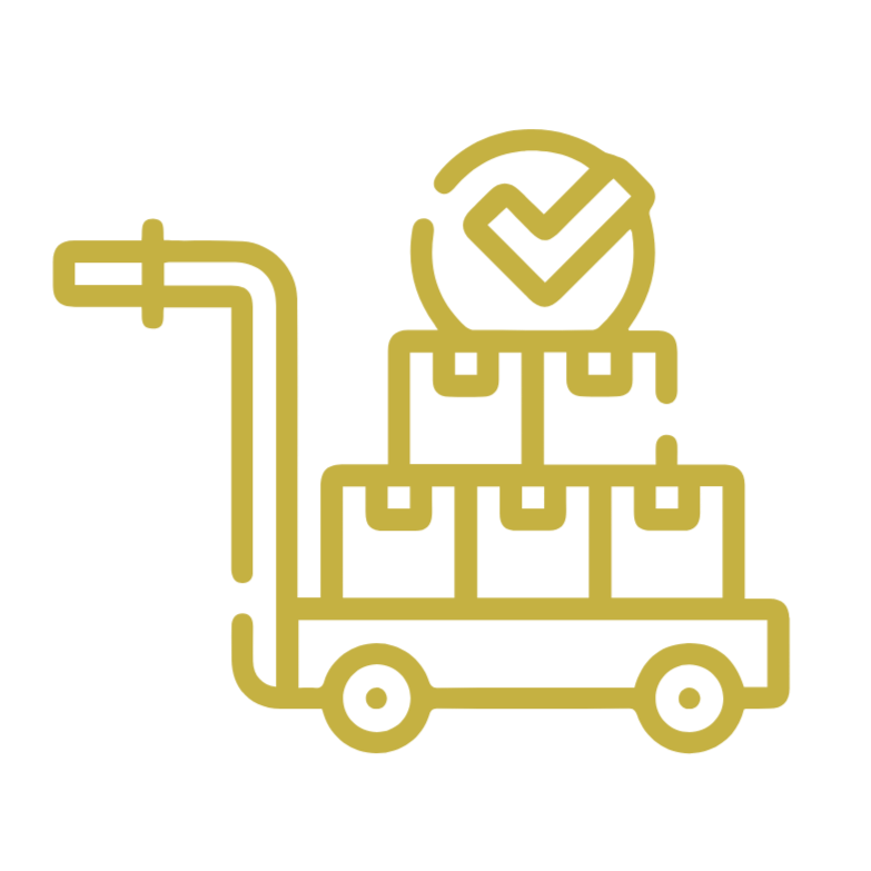 Line drawing of a trolley with boxes and a checkmark icon
