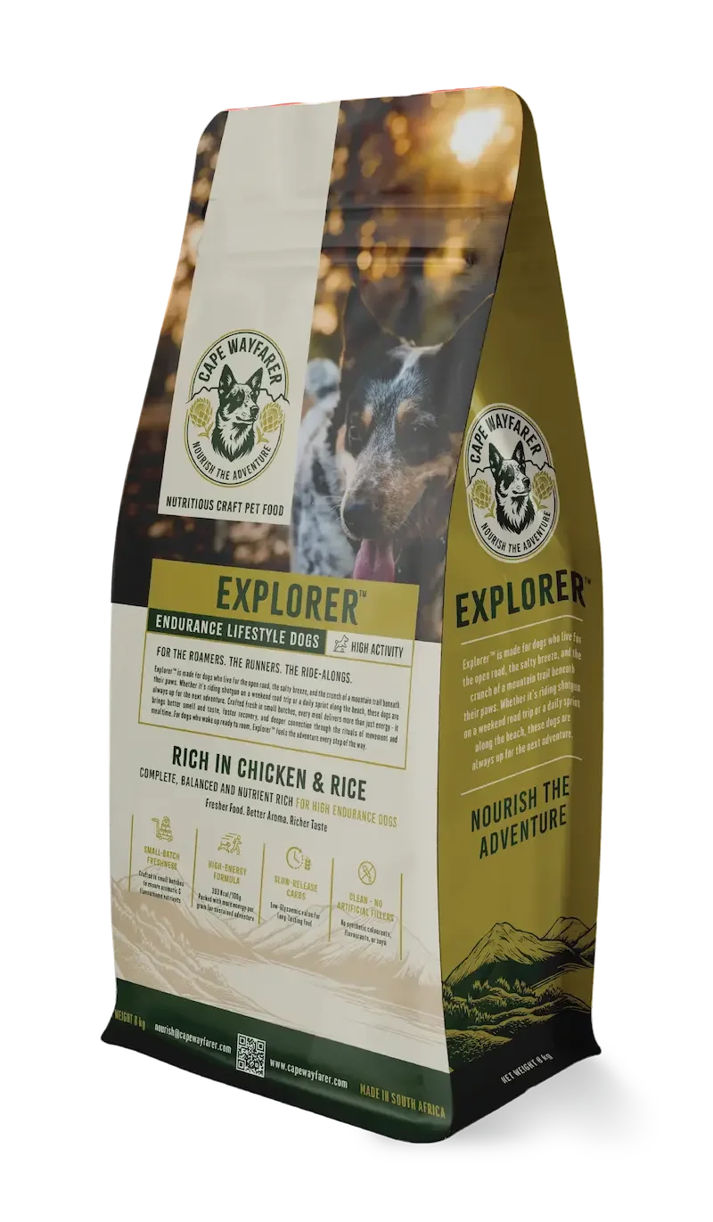Explorer dog food chicken and rice bag Cape Wayfarer for high activity dogs in South Africa