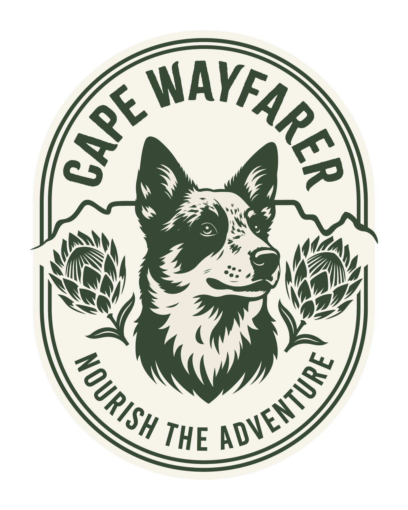 A logo featuring a dog's face with mountain and hop illustrations, and the text 'CAPE WAYFAKER MOURISH THE ADVENTURE'.
