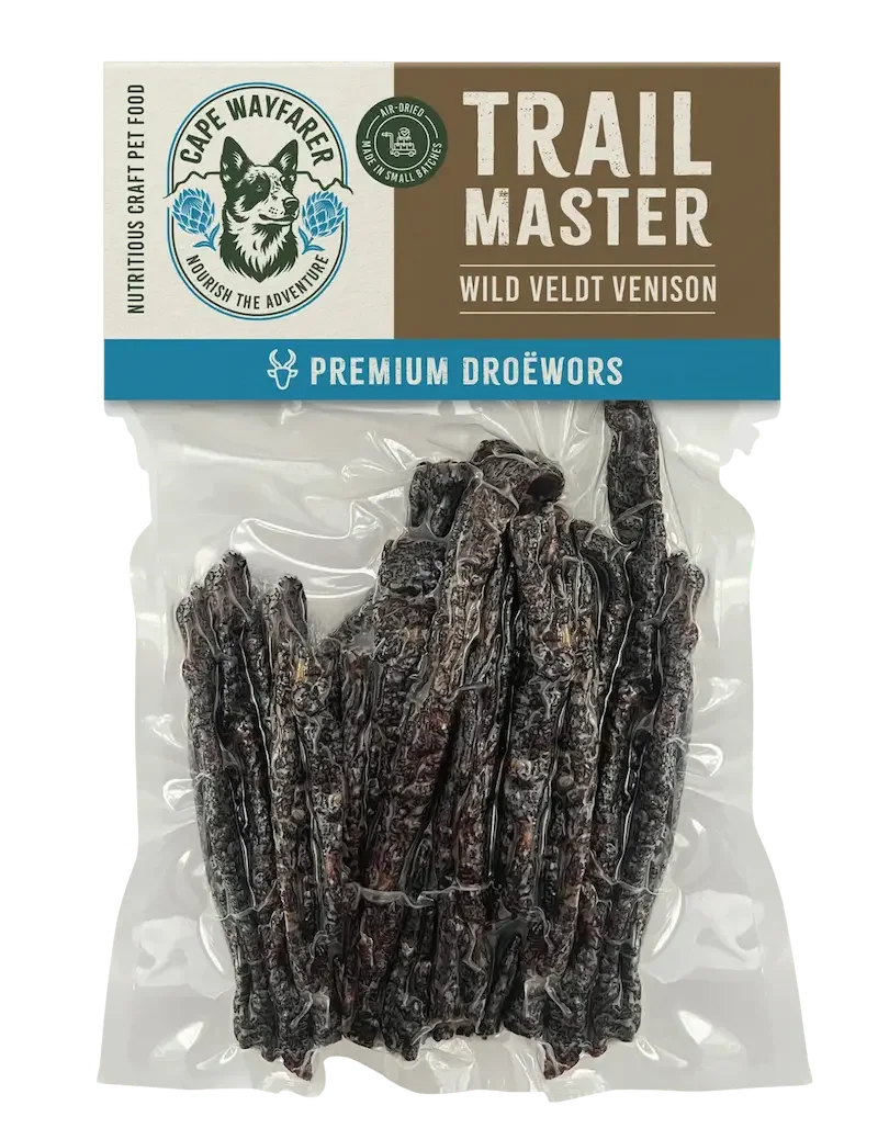 Venison dog treats droewors Trail Master Cape Wayfarer premium dried meat snack South Africa