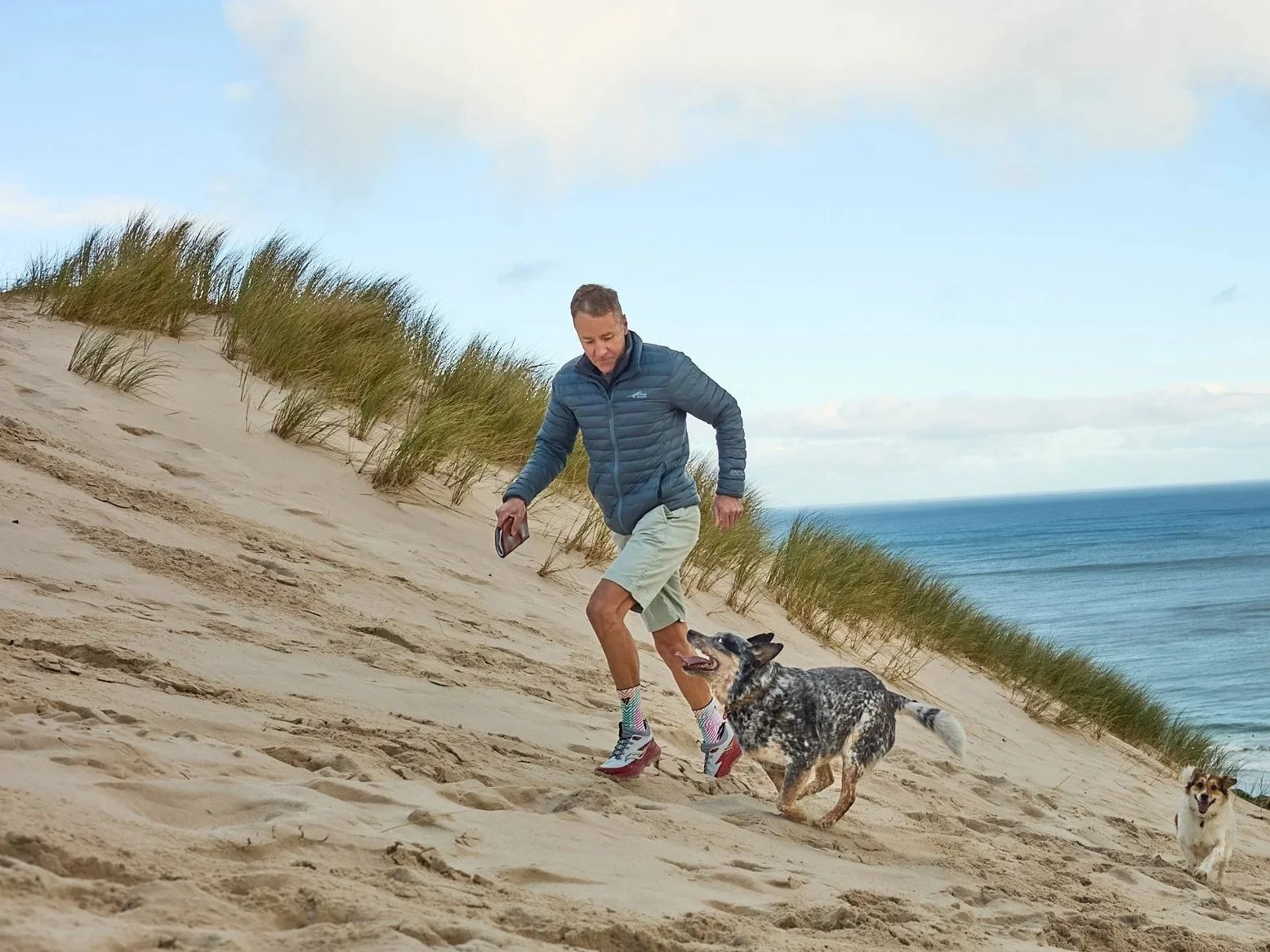 A man running on a sandy beach with two dogs, one black and white dog in front and a smaller brown and white dog in the background, with dunes and grassy plants, and the ocean in the distance.