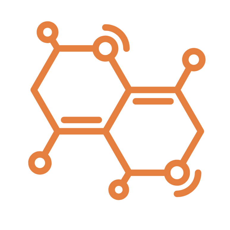 A stylized illustration of a chemical structure with two hexagonal rings connected, drawn with orange lines and circles on a black background.